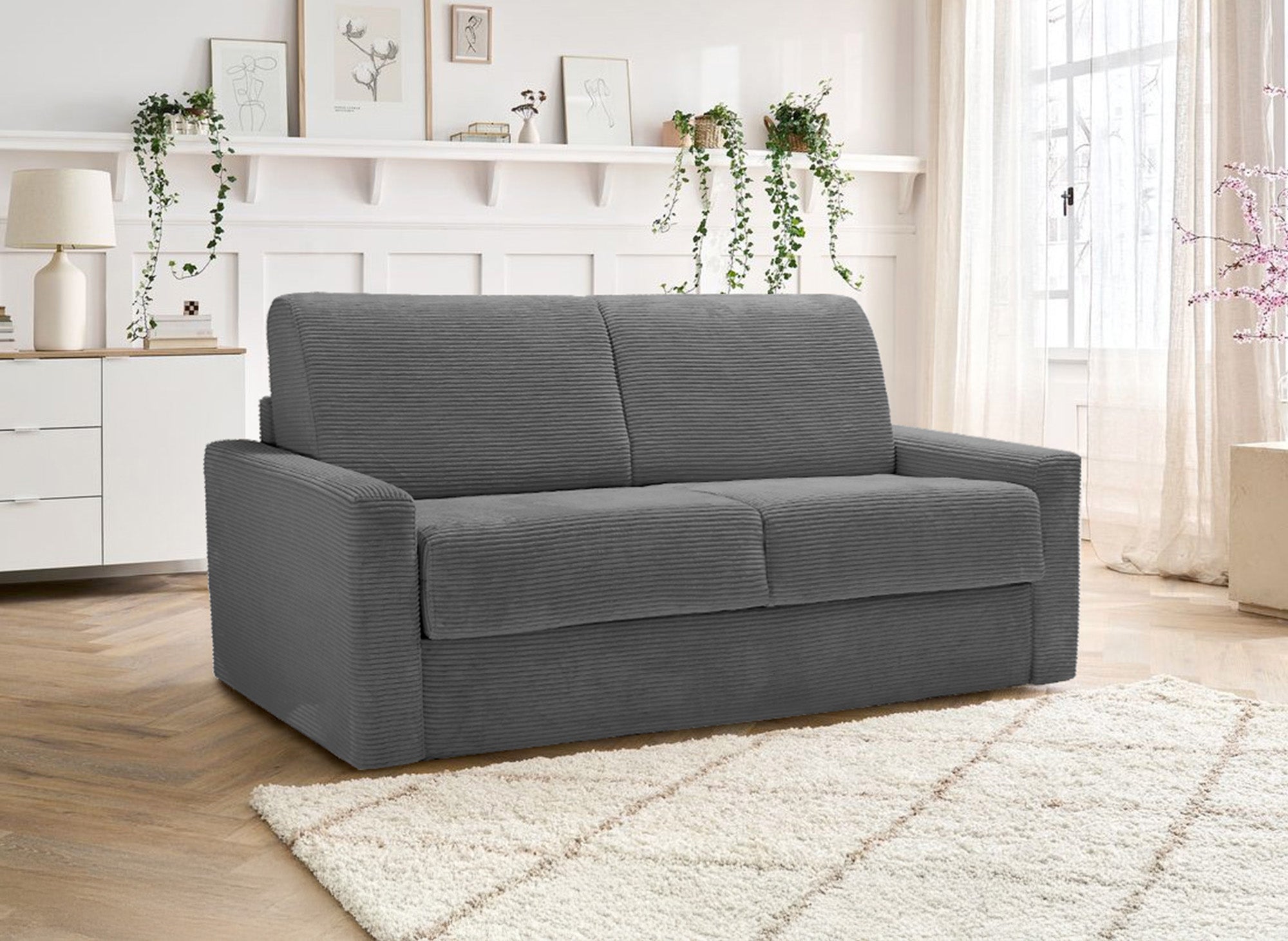 LOUNA LUXE 3-Sitzer-Schlafsofa aus dunkelgrauem Cord mit Expressöffnung und 18 cm Matratze