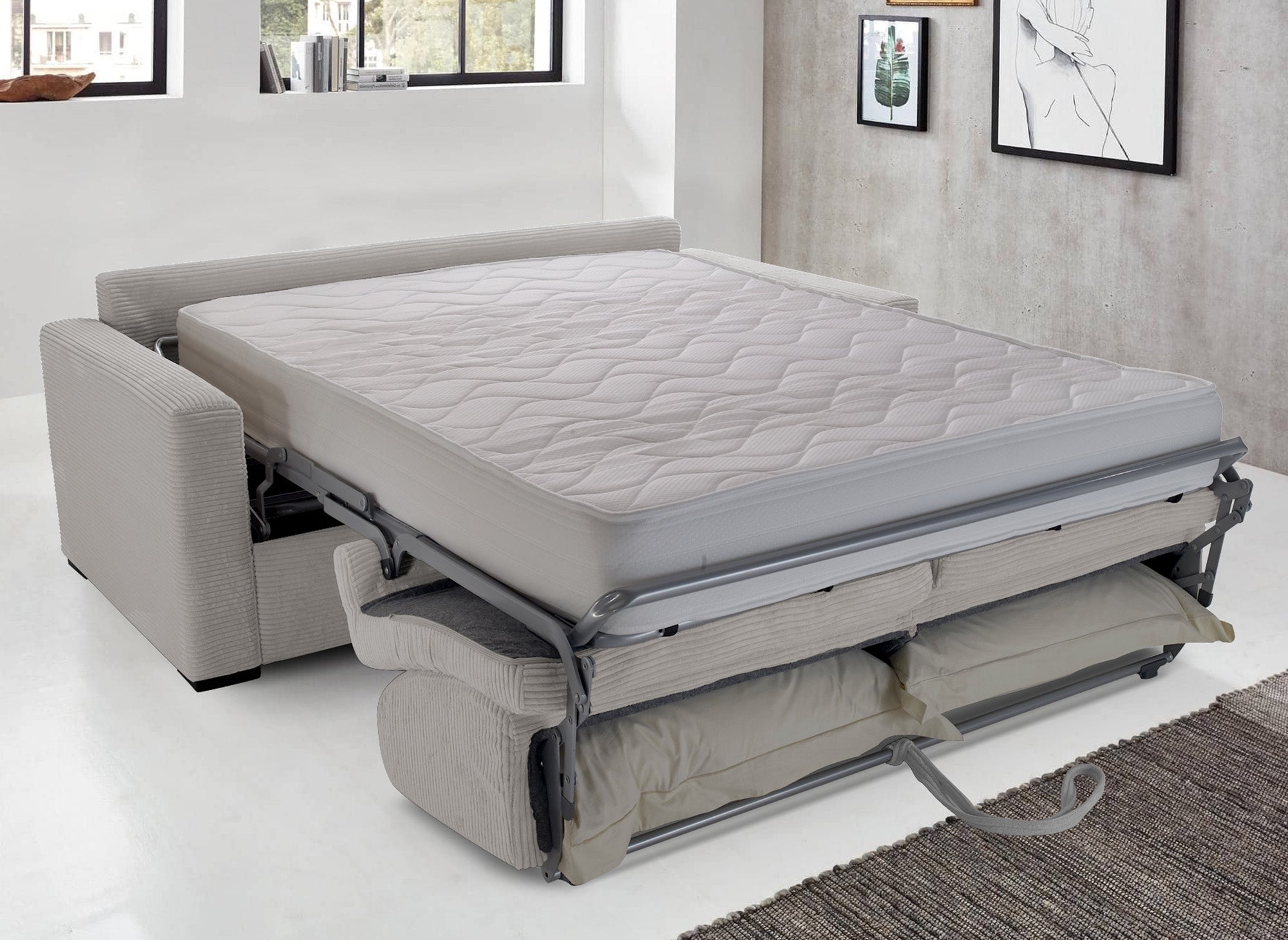 LOUNA LUXE 3-Sitzer-Schlafsofa aus beigem Cord mit Expressöffnung und 18 cm Matratze