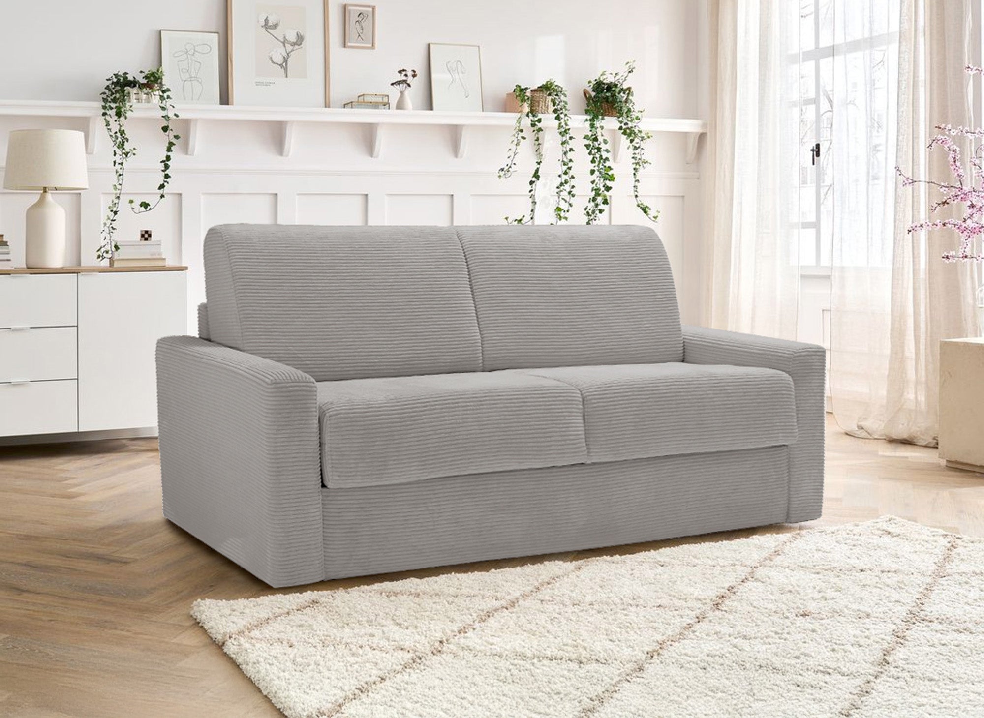 LOUNA LUXE 3-Sitzer-Schlafsofa aus beigem Cord mit Expressöffnung und 18 cm Matratze