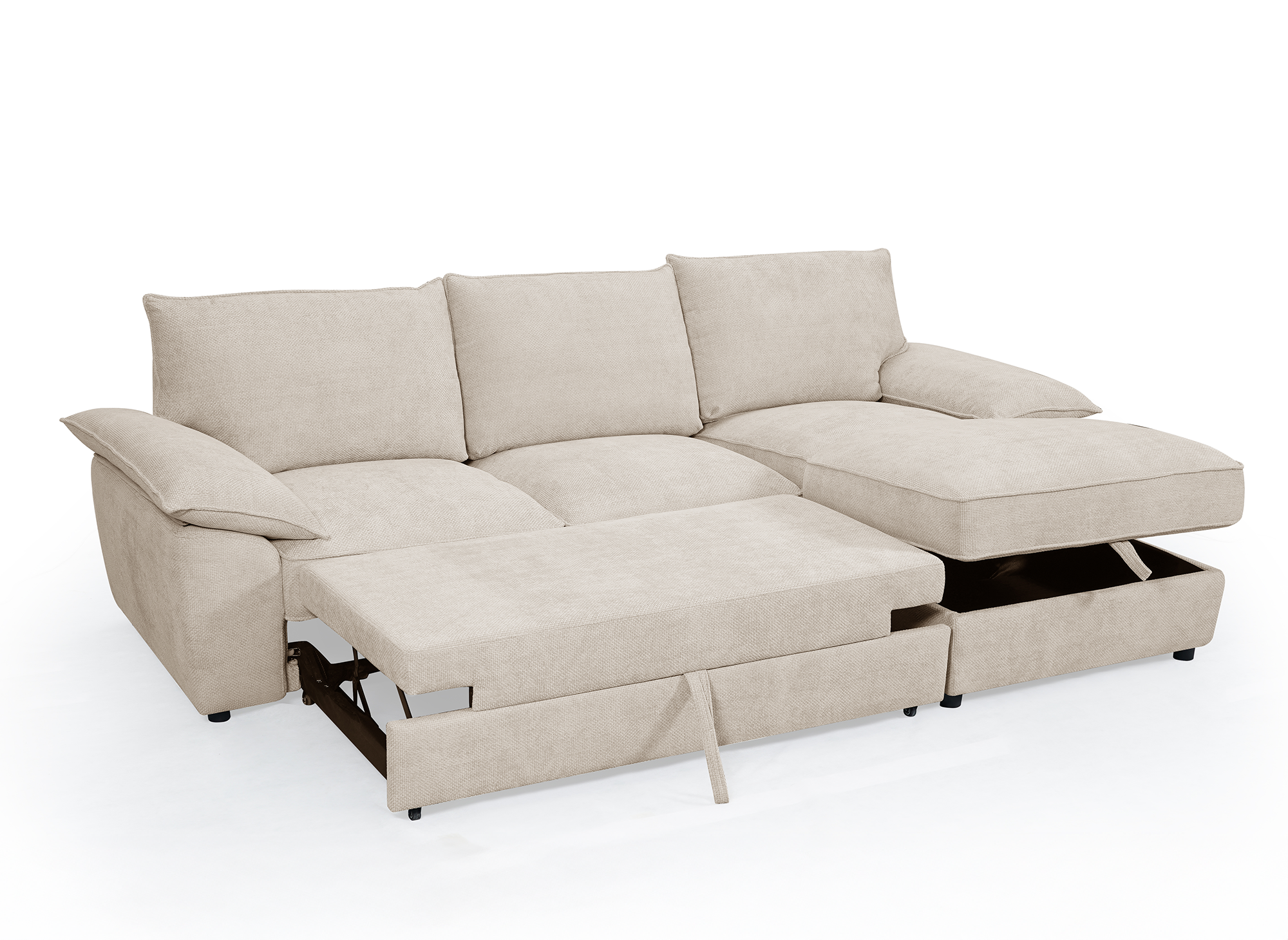 GABIN Ecksofa aus beige meliertem Samt mit Aufbewahrungsbox - Rechtwinklig