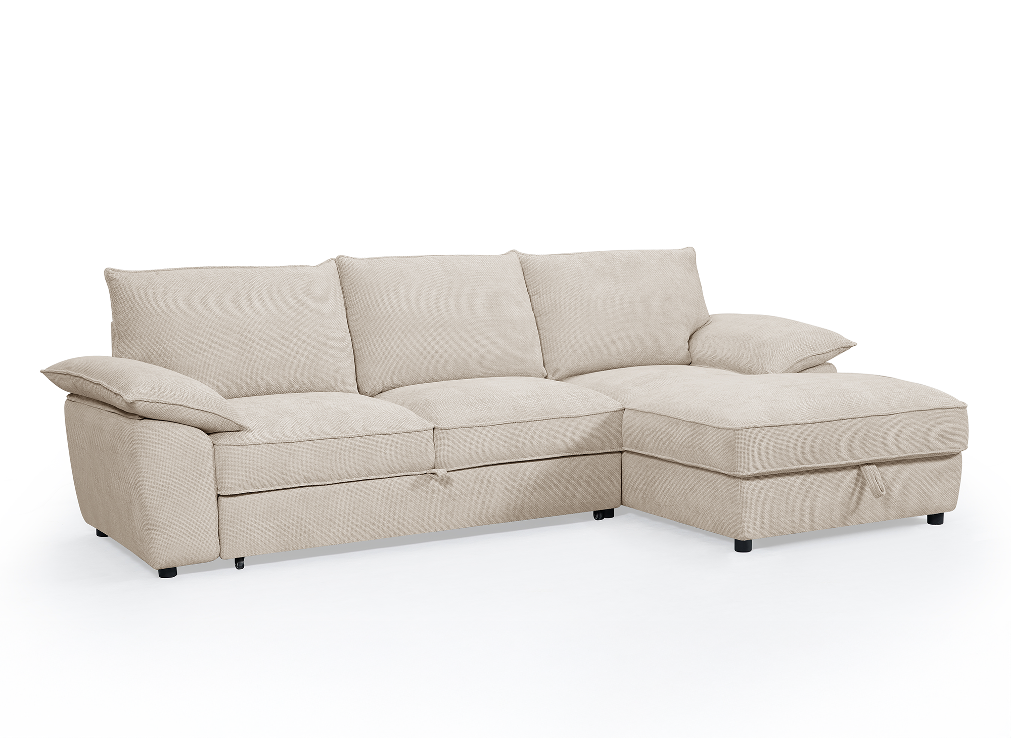 GABIN Ecksofa aus beige meliertem Samt mit Aufbewahrungsbox - Rechtwinklig