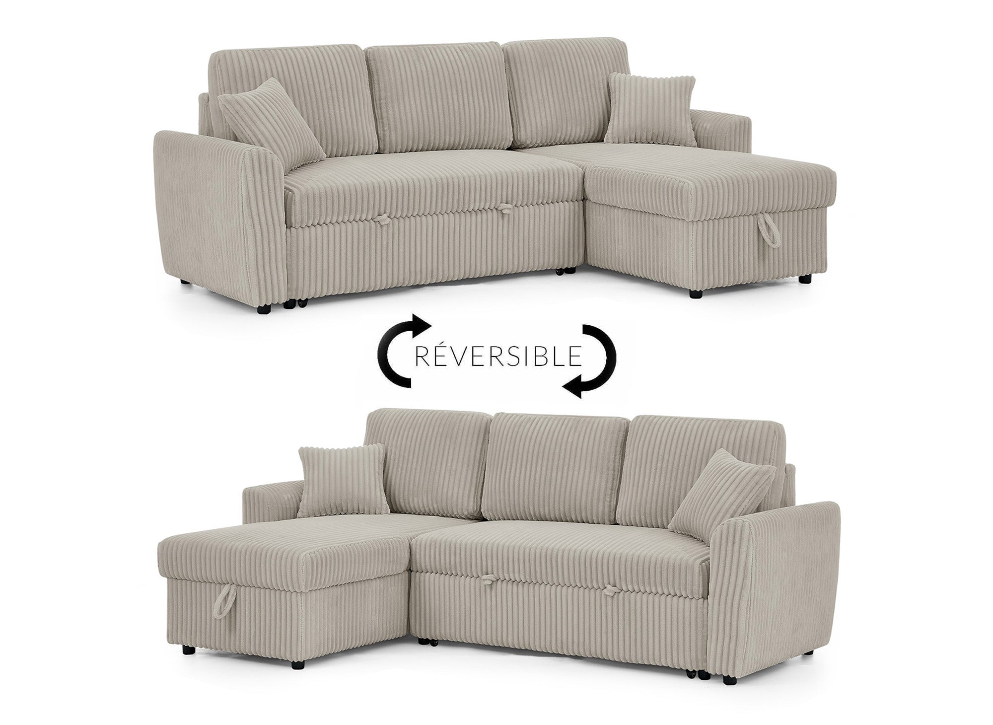 ADRYEN umwandelbares und wendbares Ecksofa mit Stauraum aus dickem Taupe-Cord