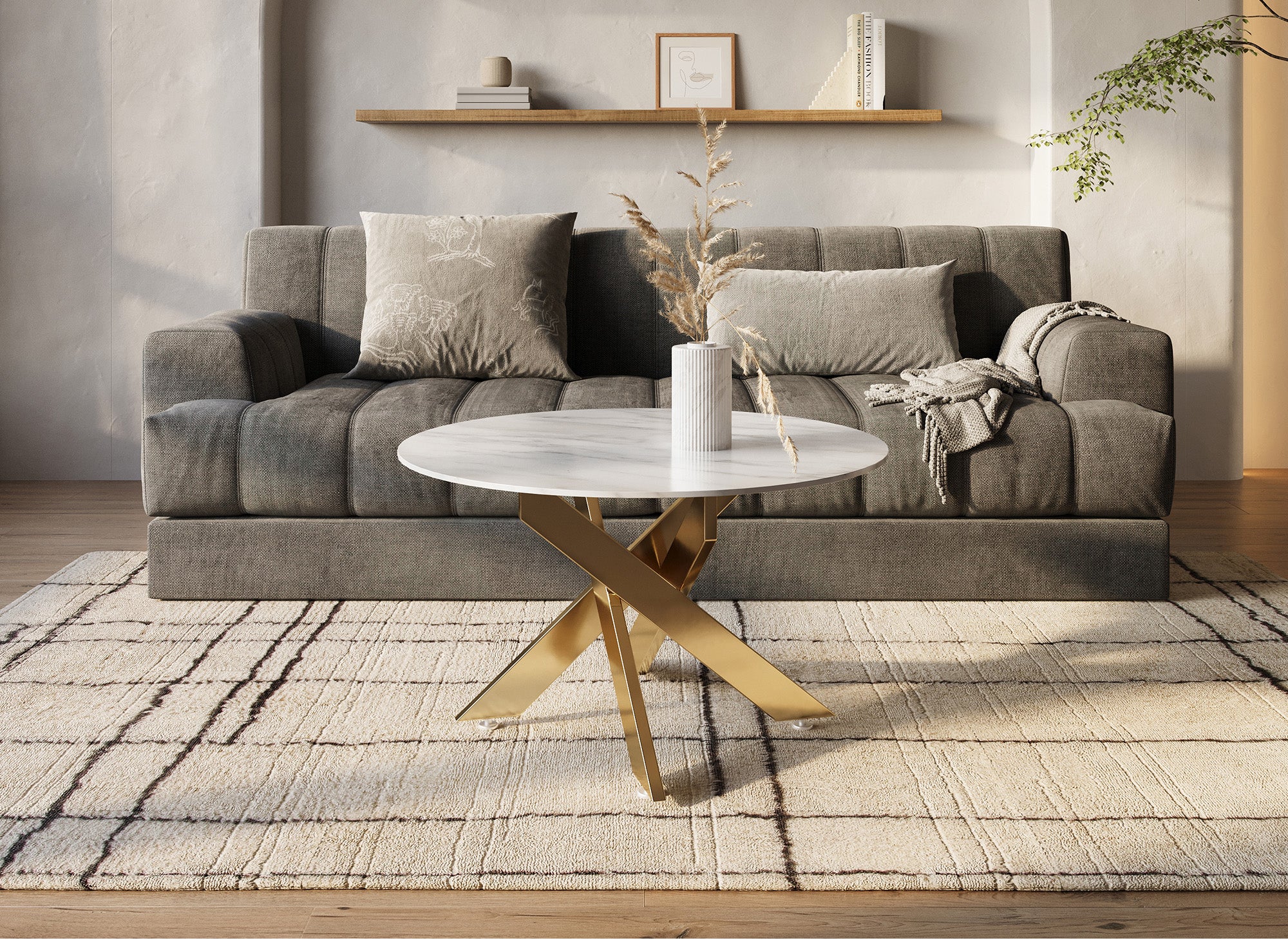 MELISSA runder Designer-Couchtisch mit Marmorglas und goldenen Beinen