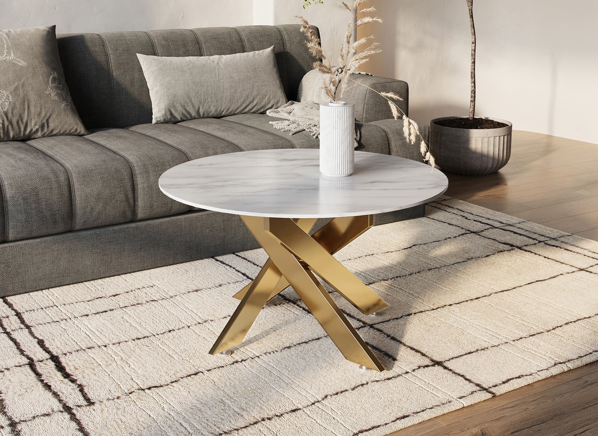 MELISSA runder Designer-Couchtisch mit Marmorglas und goldenen Beinen