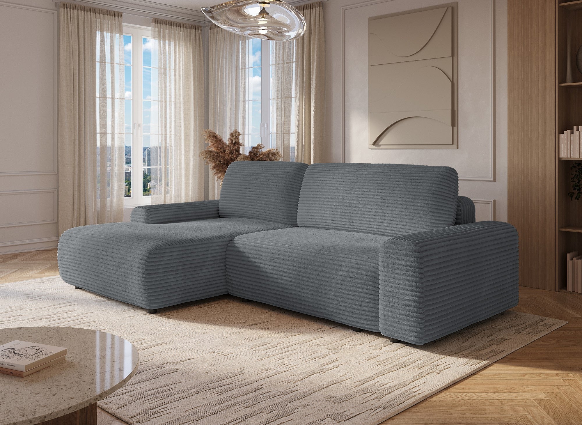Ecksofa links mit Bettkasten aus dickem dunkelgrauem Cord BALI - Ecke links