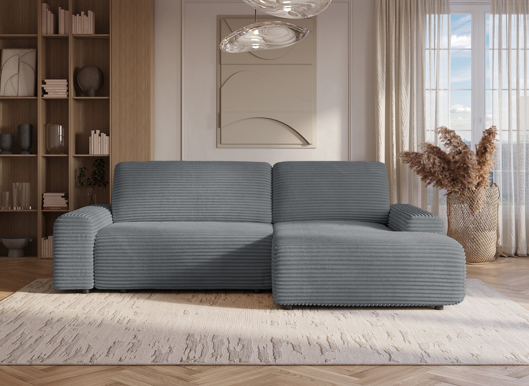 Ecksofa rechts mit Bettkasten aus dickem dunkelgrauem Cord BALI - Ecke rechts