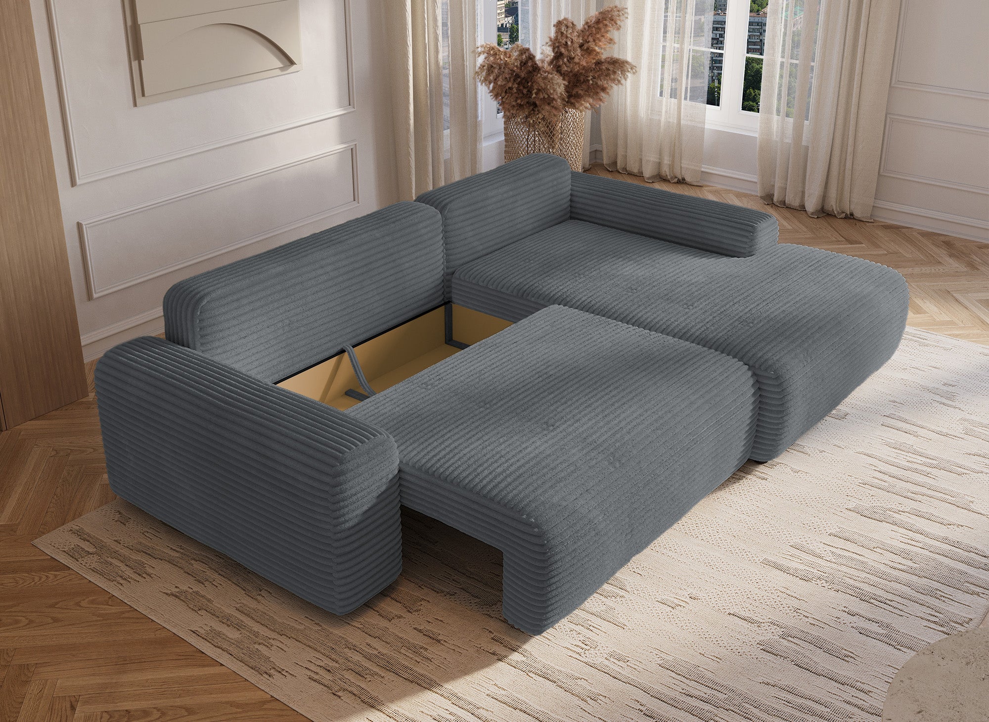 Ecksofa rechts mit Bettkasten aus dickem dunkelgrauem Cord BALI - Ecke rechts