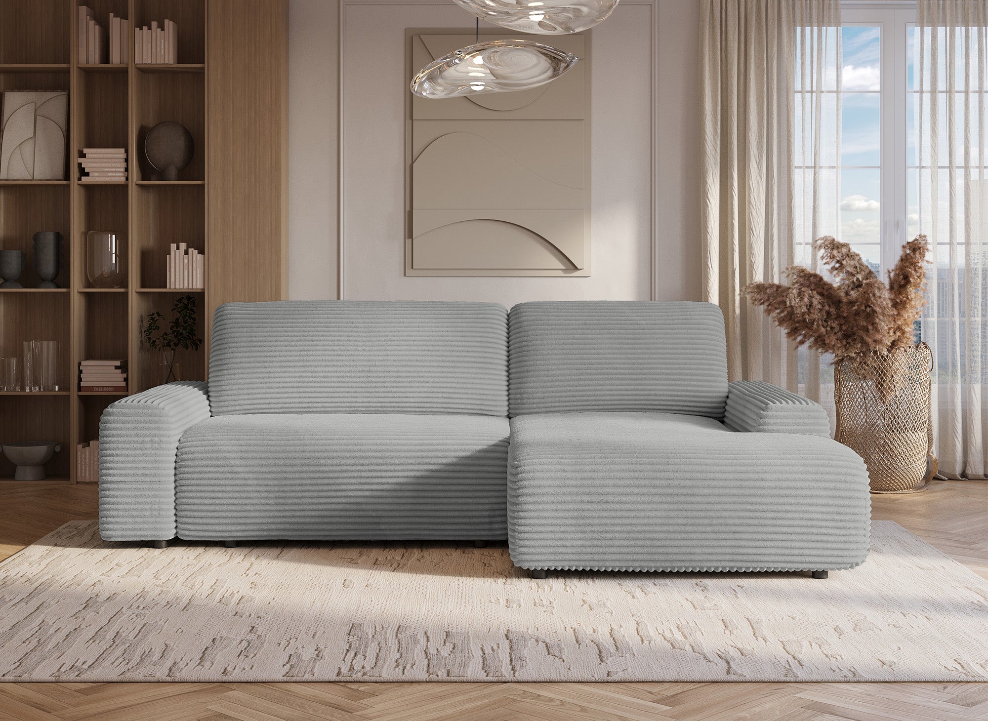 Ecksofa rechts mit Bettkasten aus dickem hellgrauem Cord BALI - Ecke rechts