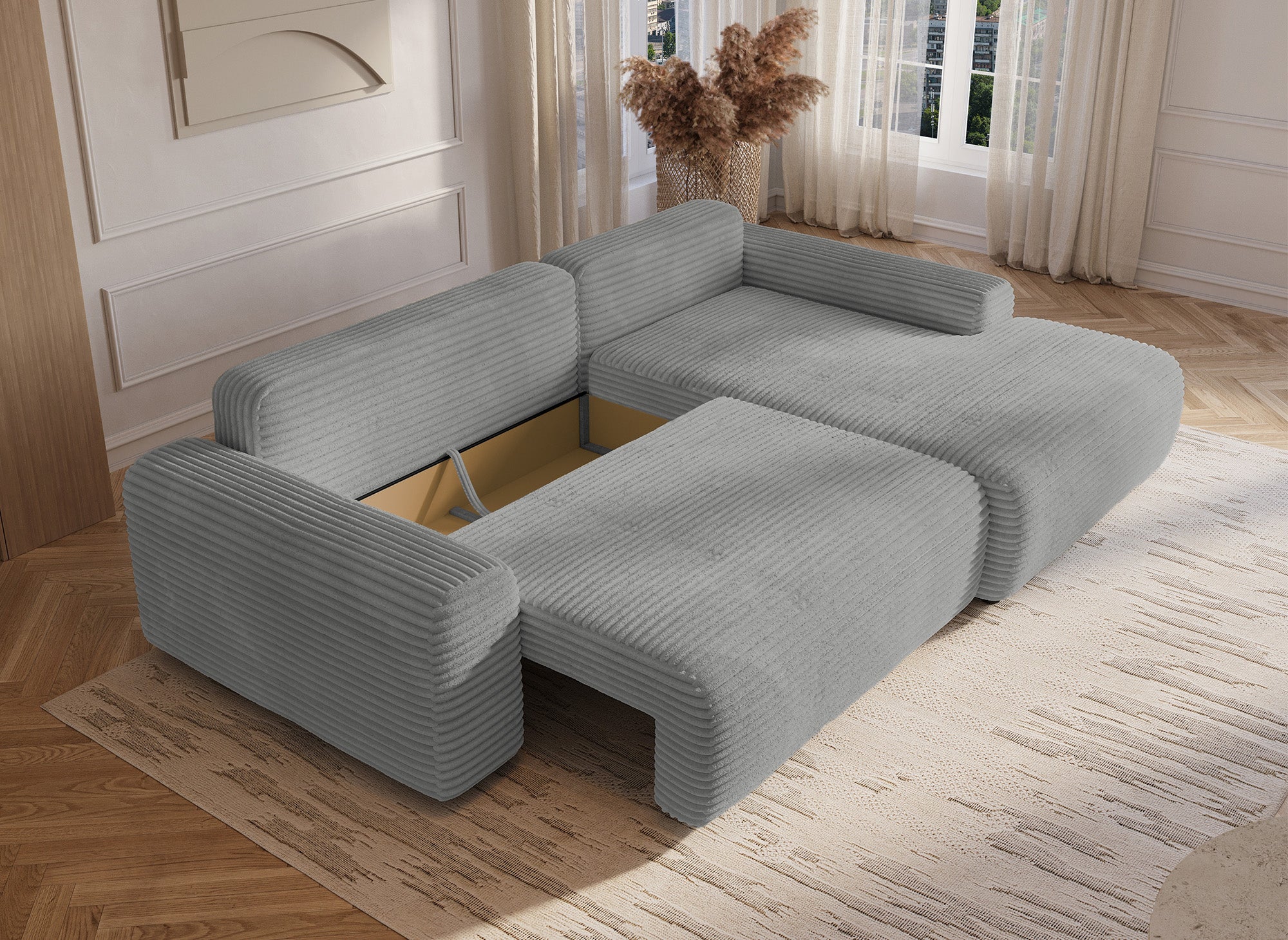 Ecksofa rechts mit Bettkasten aus dickem hellgrauem Cord BALI - Ecke rechts