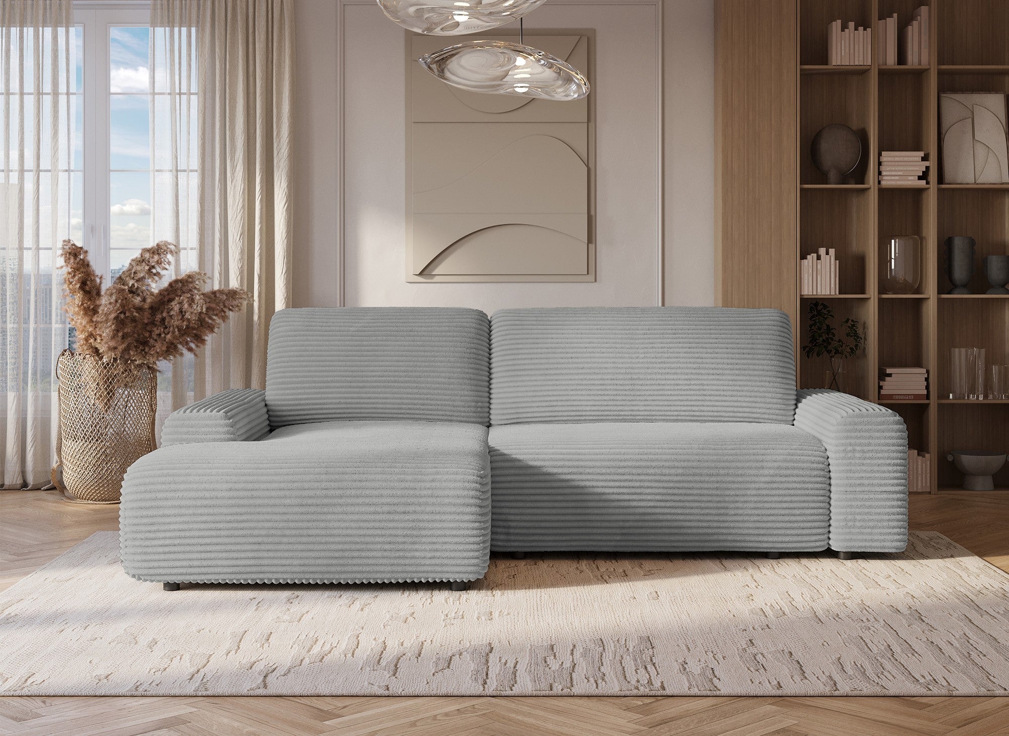 Ecksofa links mit Bettkasten aus dickem hellgrauem Cord BALI - Ecke links