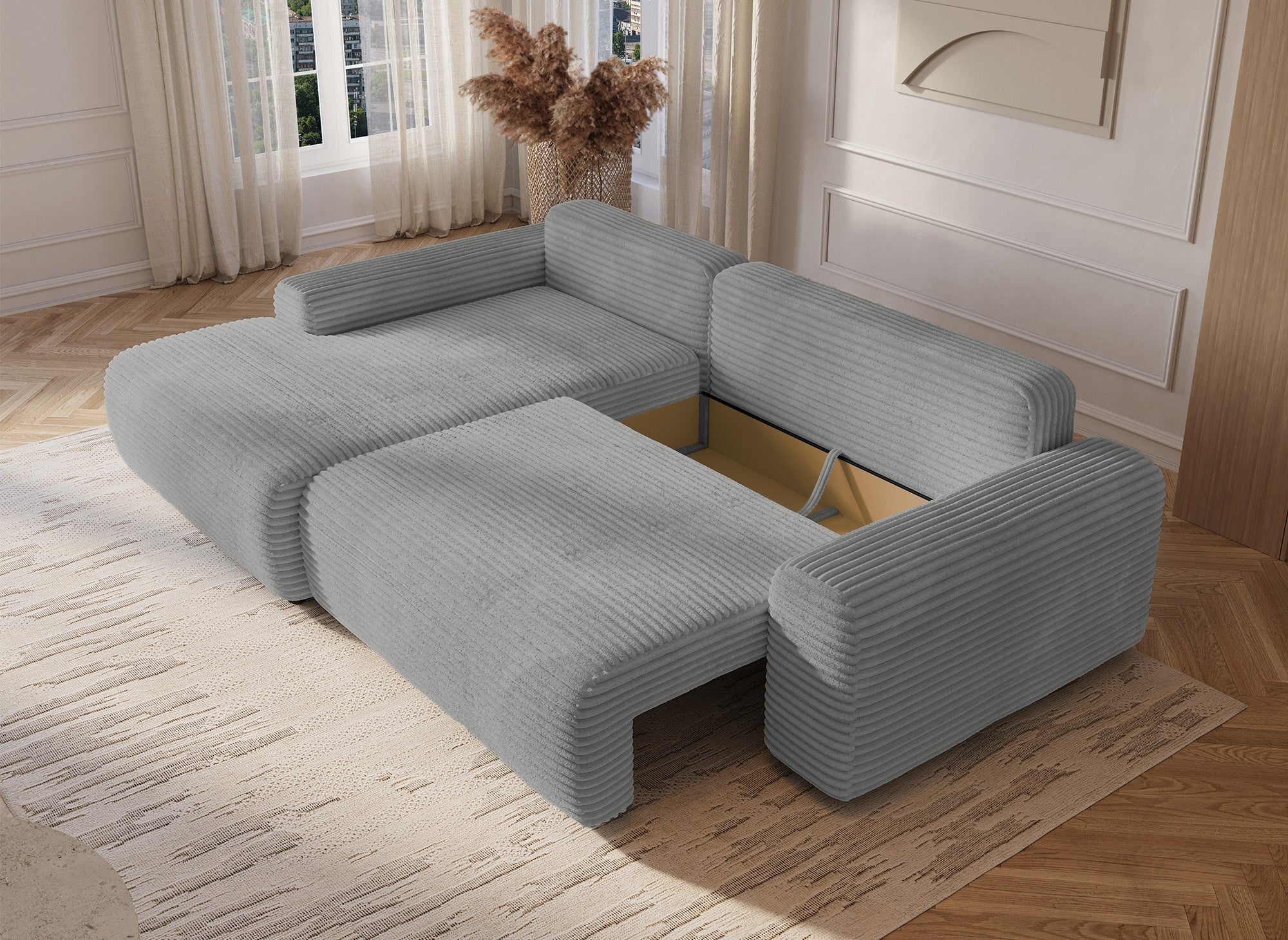 Ecksofa links mit Bettkasten aus dickem hellgrauem Cord BALI - Ecke links