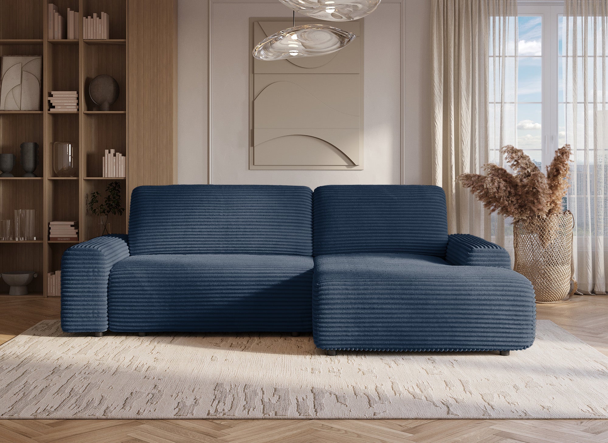 Ecksofa rechts mit Bettkasten aus dickem dunkelblauem Cord BALI - Ecke rechts