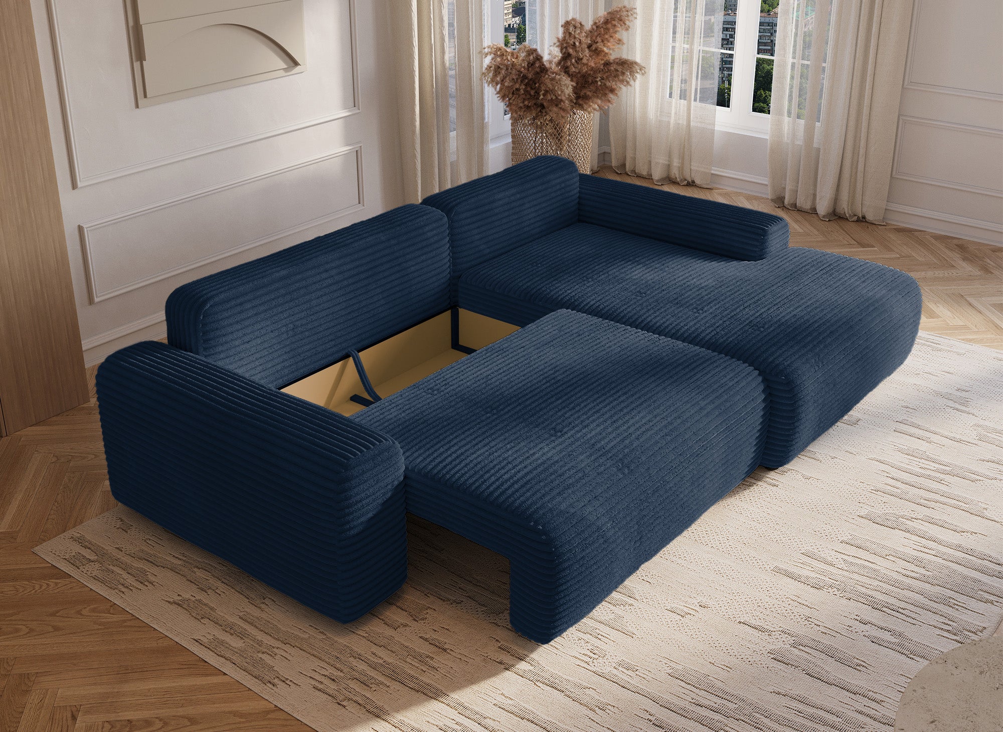 Ecksofa rechts mit Bettkasten aus dickem dunkelblauem Cord BALI - Ecke rechts