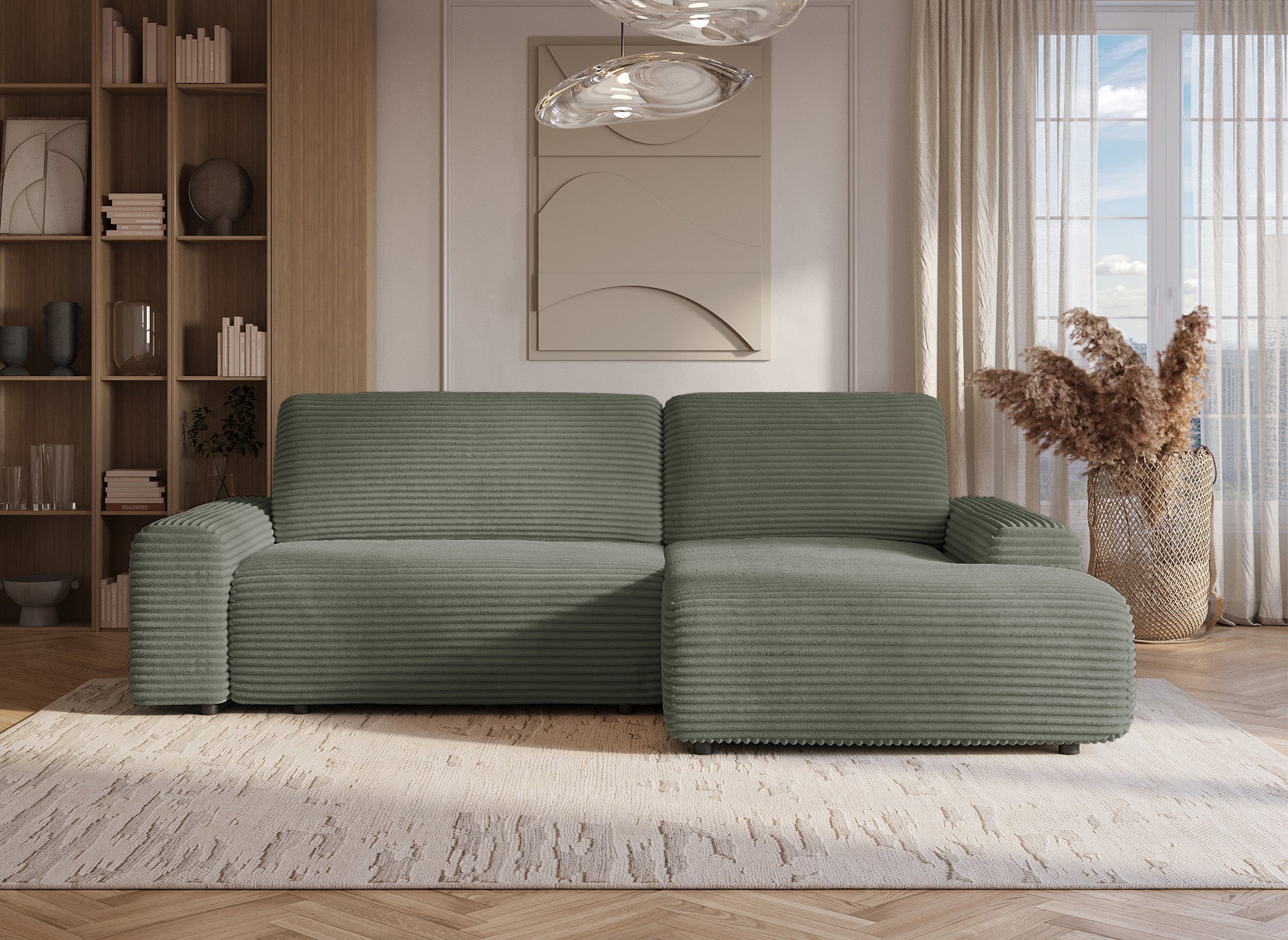 Ecksofa rechts mit Bettkasten aus dickem khakigrünem Cord BALI - Ecke rechts