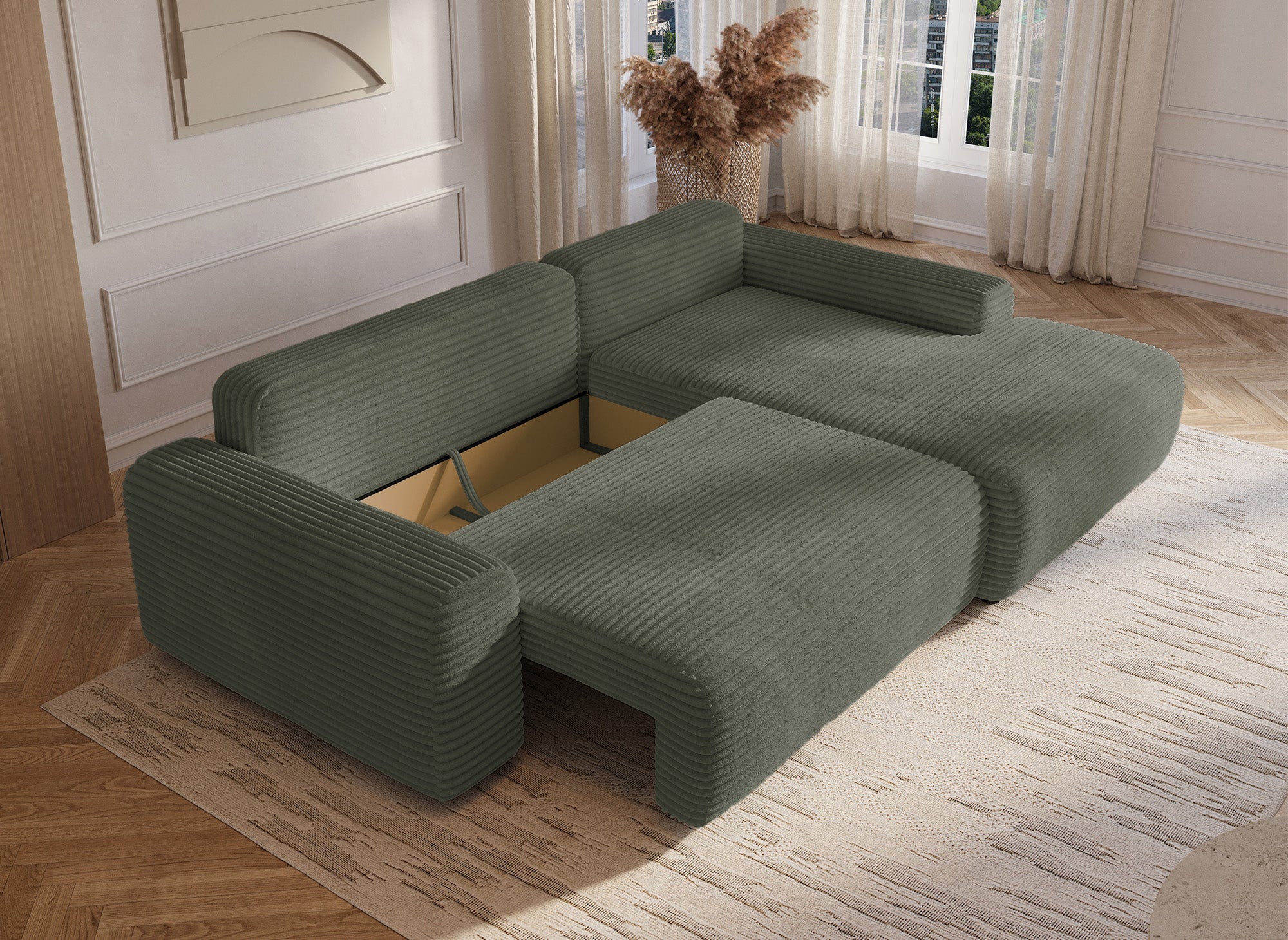 Ecksofa rechts mit Bettkasten aus dickem khakigrünem Cord BALI - Ecke rechts