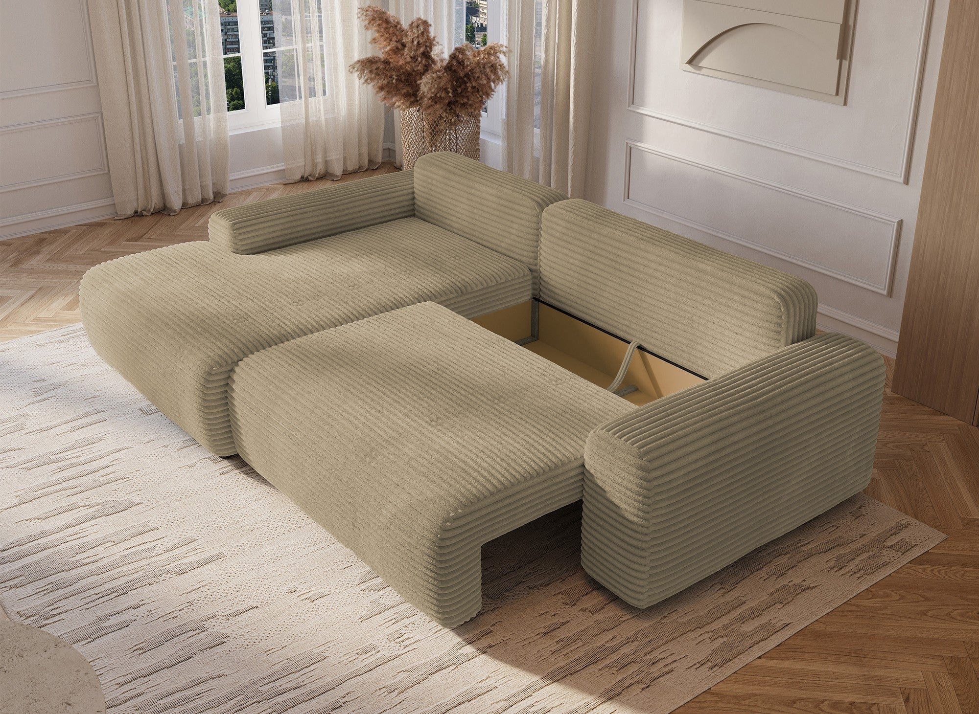 Ecksofa links mit Bettkasten aus dickem Cord in Taupe BALI - Ecke links
