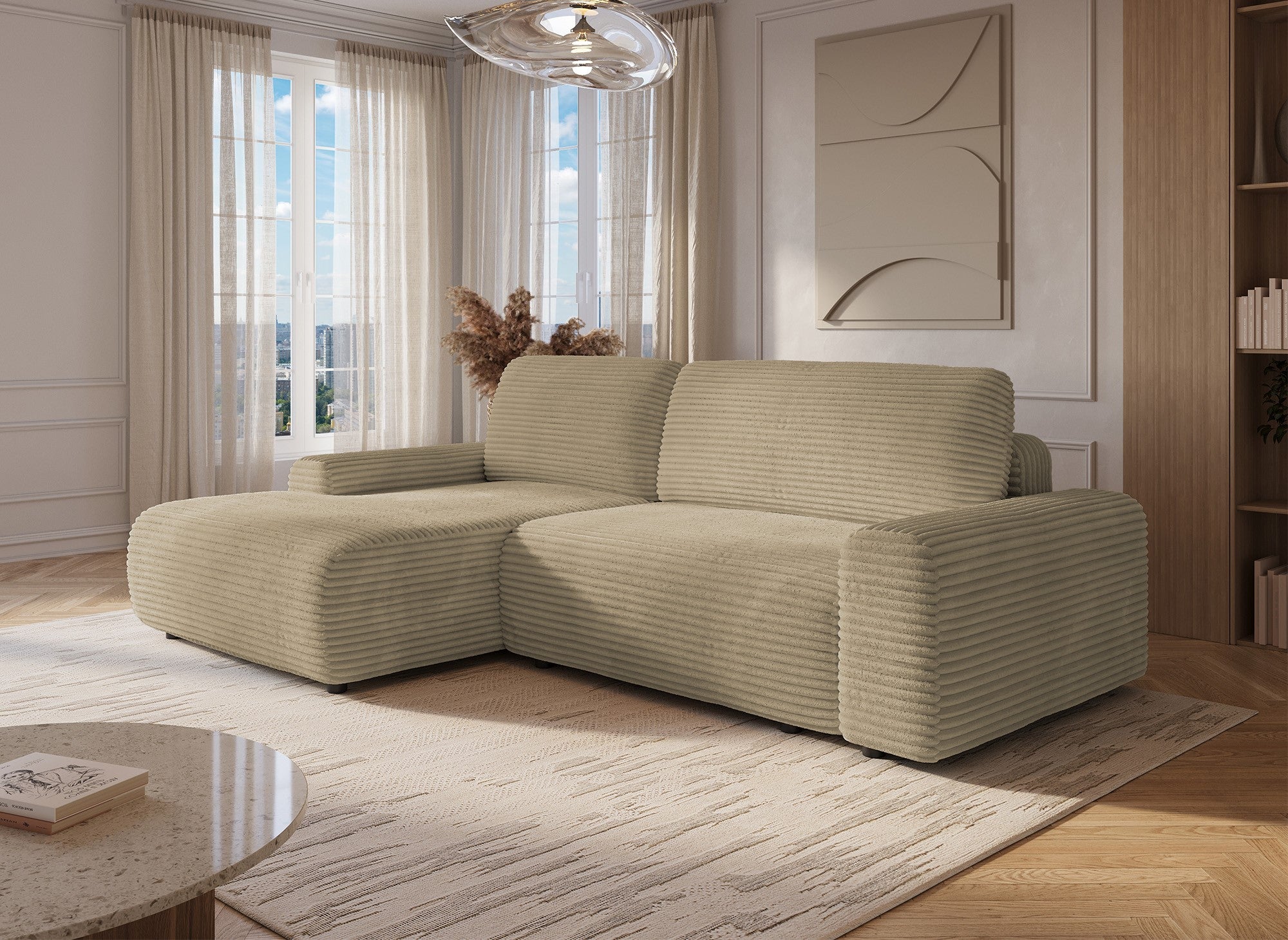 Ecksofa links mit Bettkasten aus dickem Cord in Taupe BALI - Ecke links