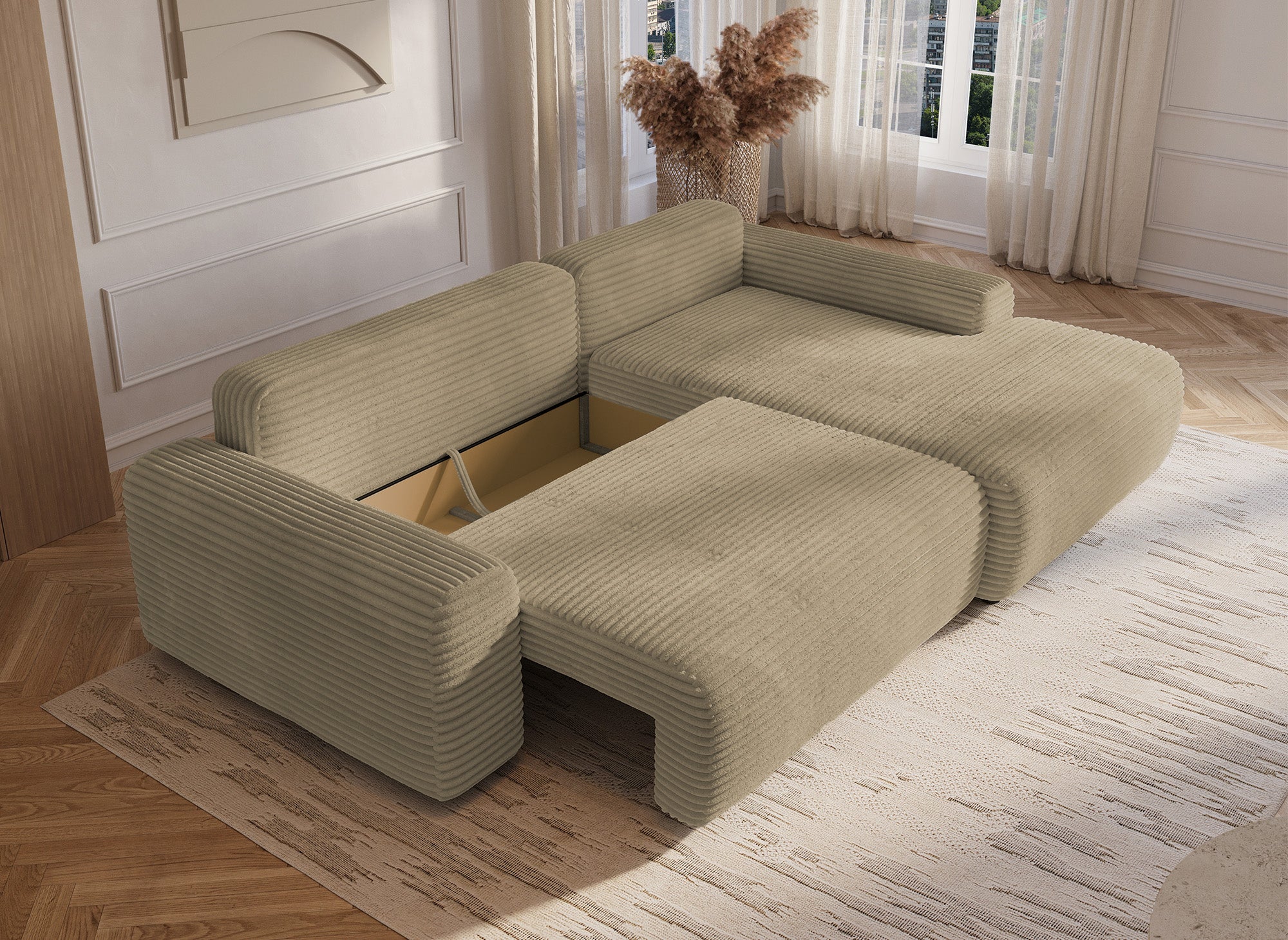 Ecksofa rechts mit Bettkasten aus dickem Cord in Taupe BALI - Ecke rechts