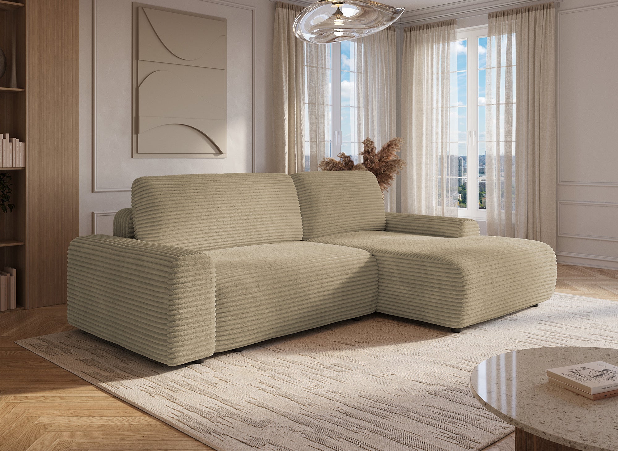 Ecksofa rechts mit Bettkasten aus dickem Cord in Taupe BALI - Ecke rechts