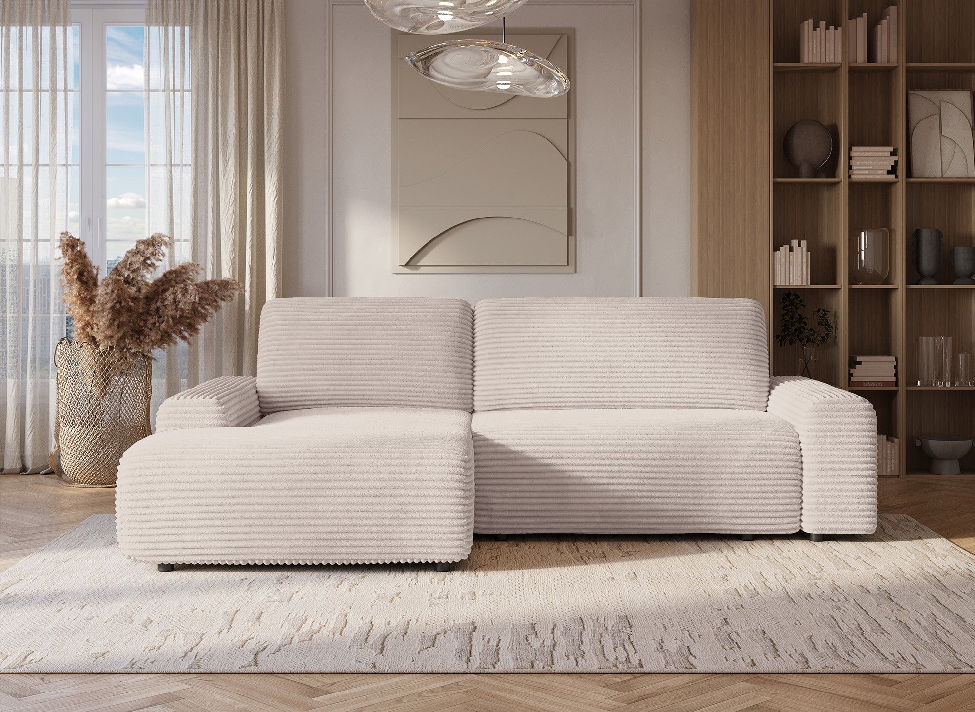Ecksofa links mit Bettkasten aus dickem, beigem Cord BALI - Ecke links