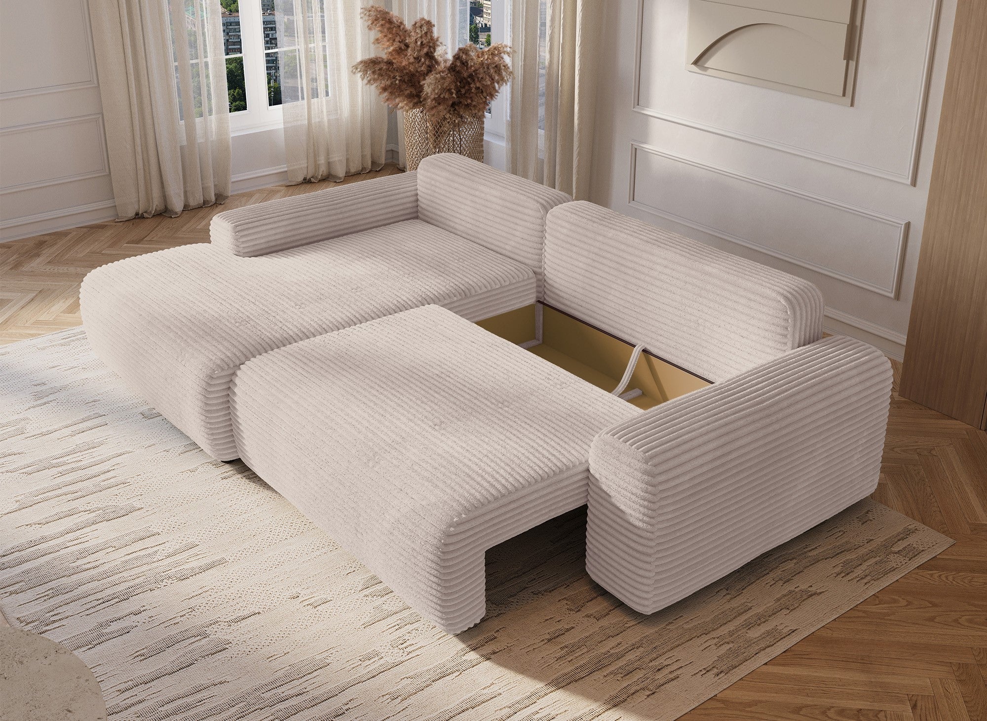 Ecksofa links mit Bettkasten aus dickem, beigem Cord BALI - Ecke links