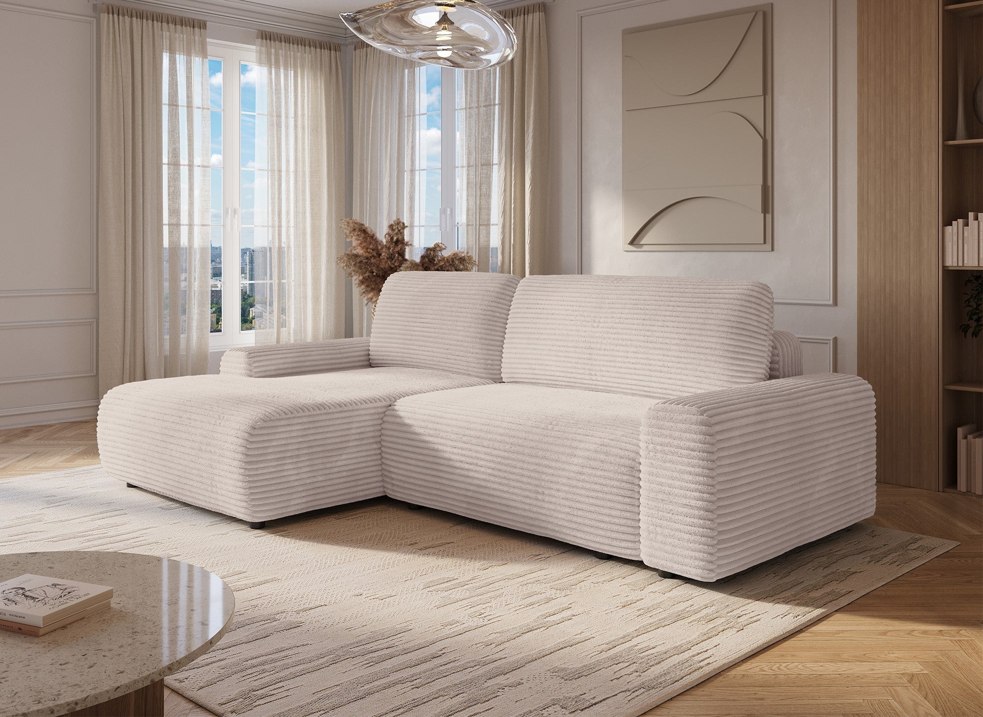 Ecksofa links mit Bettkasten aus dickem, beigem Cord BALI - Ecke links