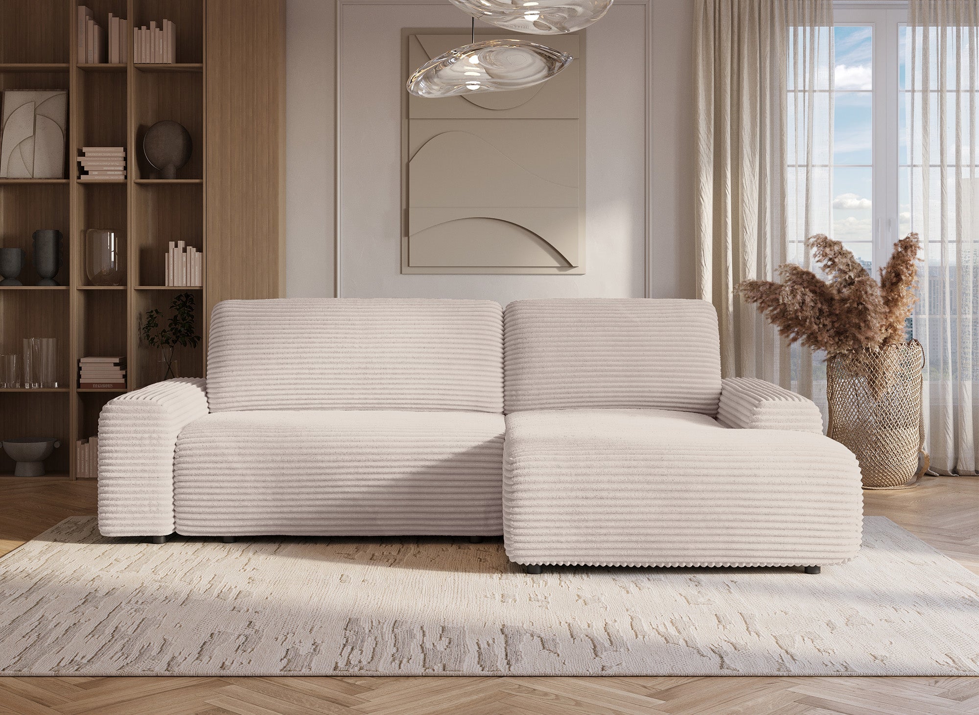 Ecksofa rechts mit Bettkasten aus dickem, beigem Cord BALI - Ecke rechts