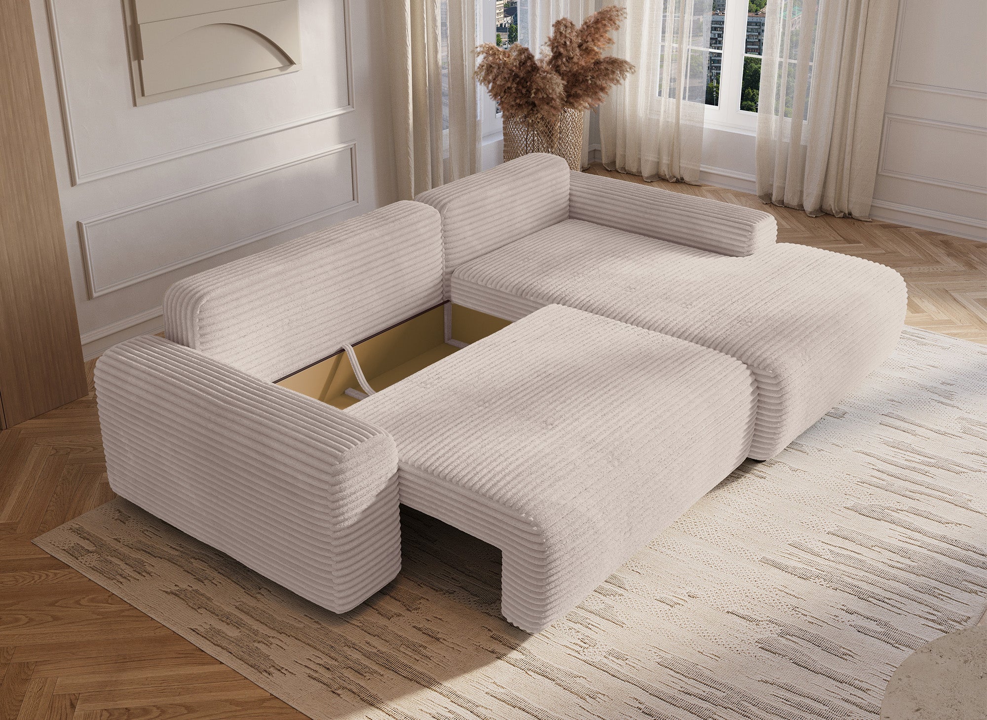 Ecksofa rechts mit Bettkasten aus dickem, beigem Cord BALI - Ecke rechts