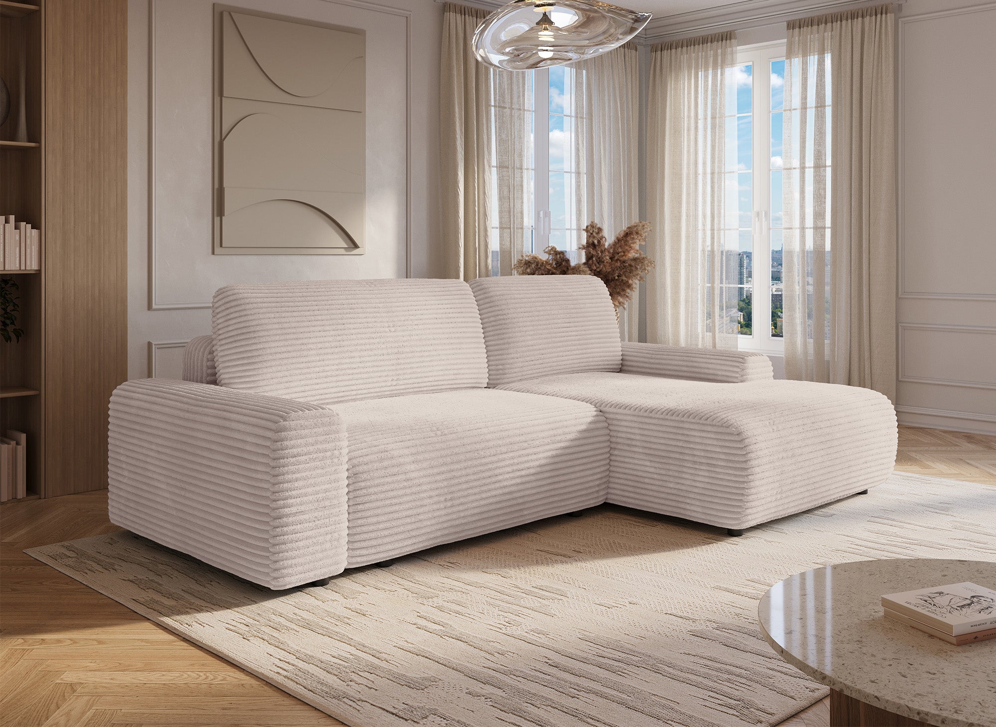 Ecksofa rechts mit Bettkasten aus dickem, beigem Cord BALI - Ecke rechts