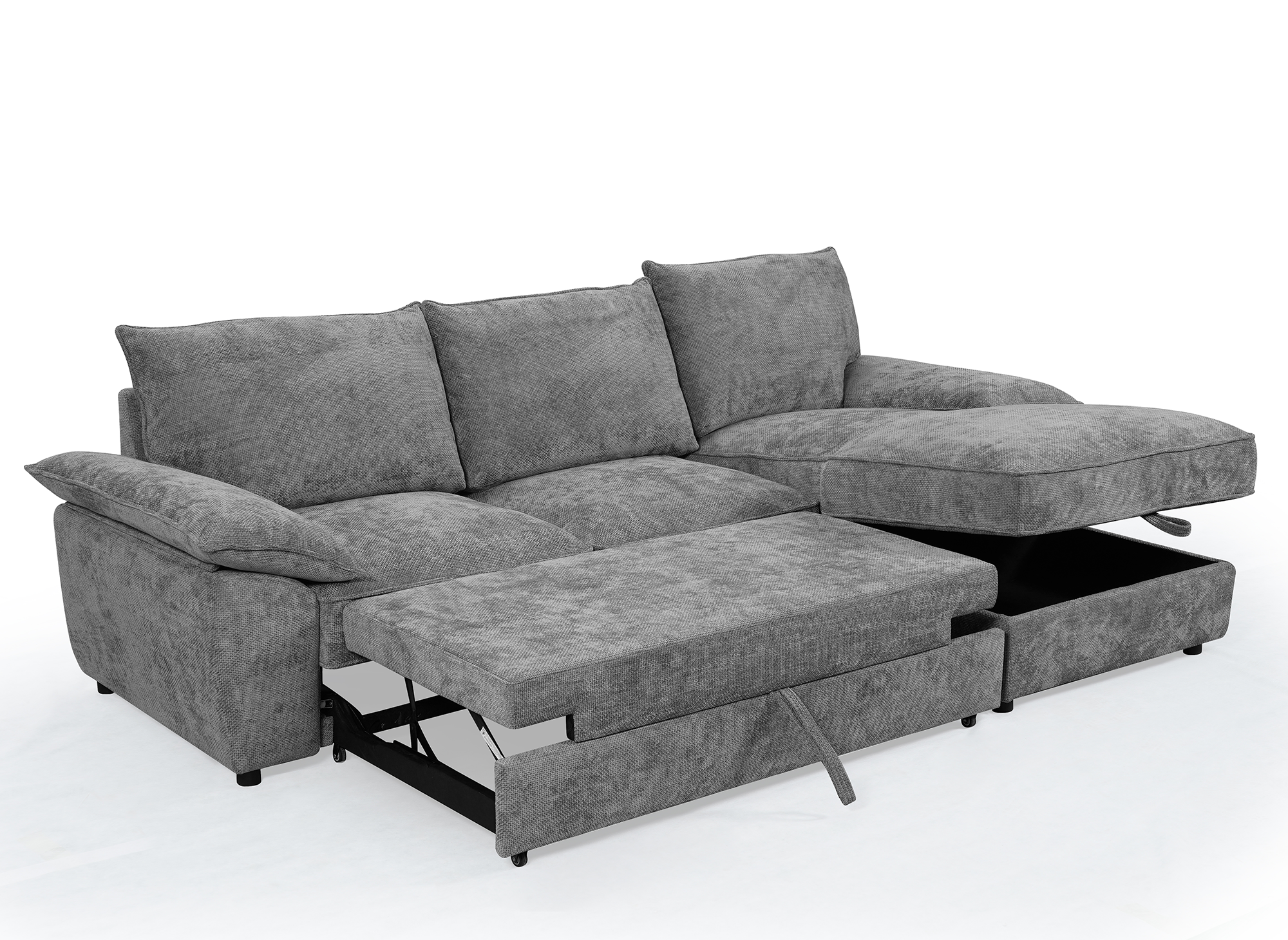 GABIN Ecksofa aus grau meliertem Samt mit Aufbewahrungsbox - Rechtwinklig