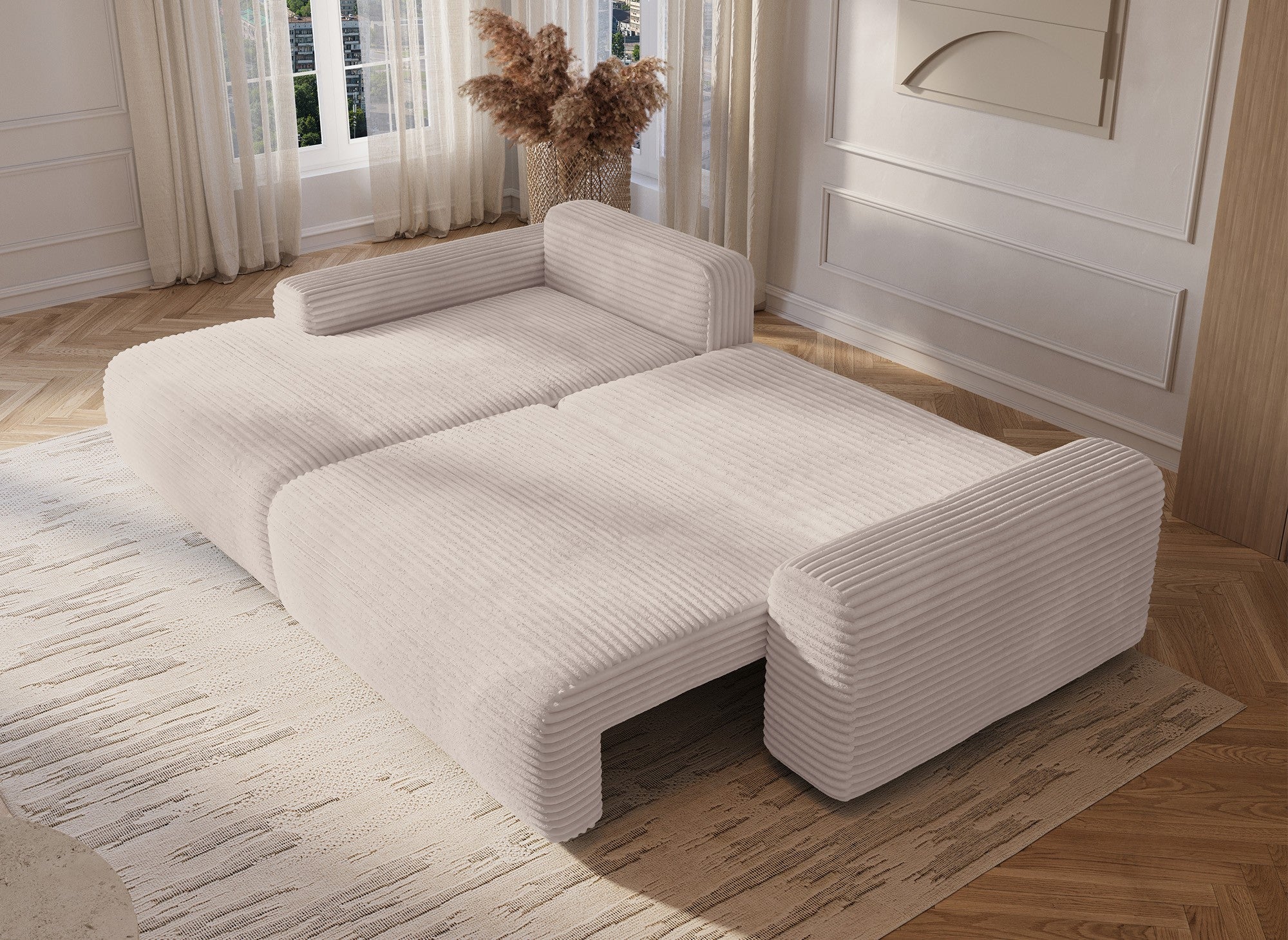 Ecksofa links mit Bettkasten aus dickem, beigem Cord BALI - Ecke links