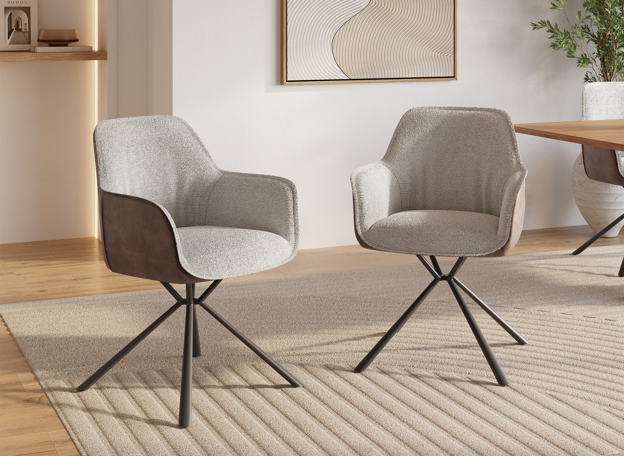 2er-Set Stühle mit Armlehnen aus beigem Frotteestoff und braunem Kunstleder PIRO