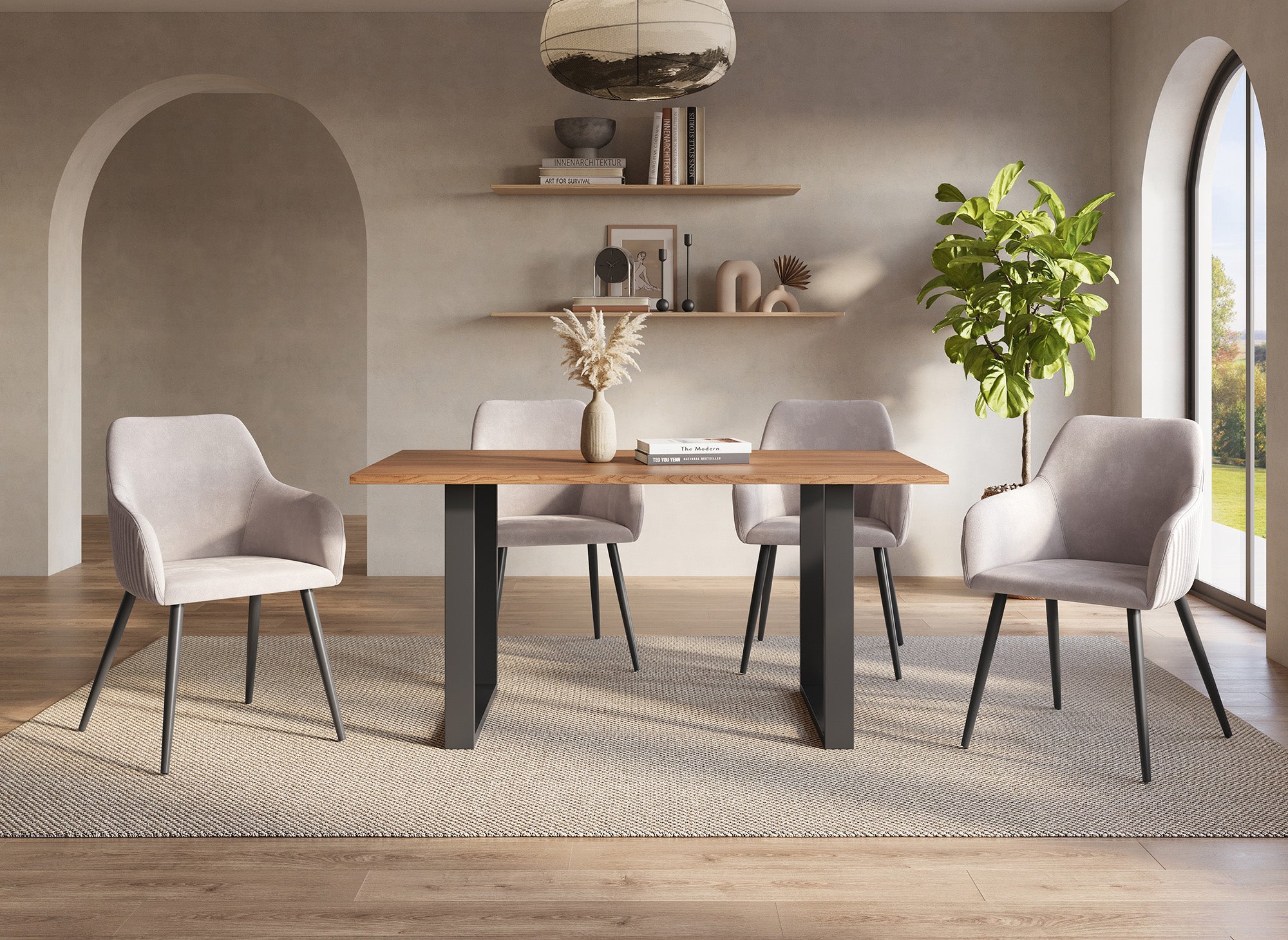 2er-Set beige Samtstühle mit schwarzen Metallbeinen DEVOR