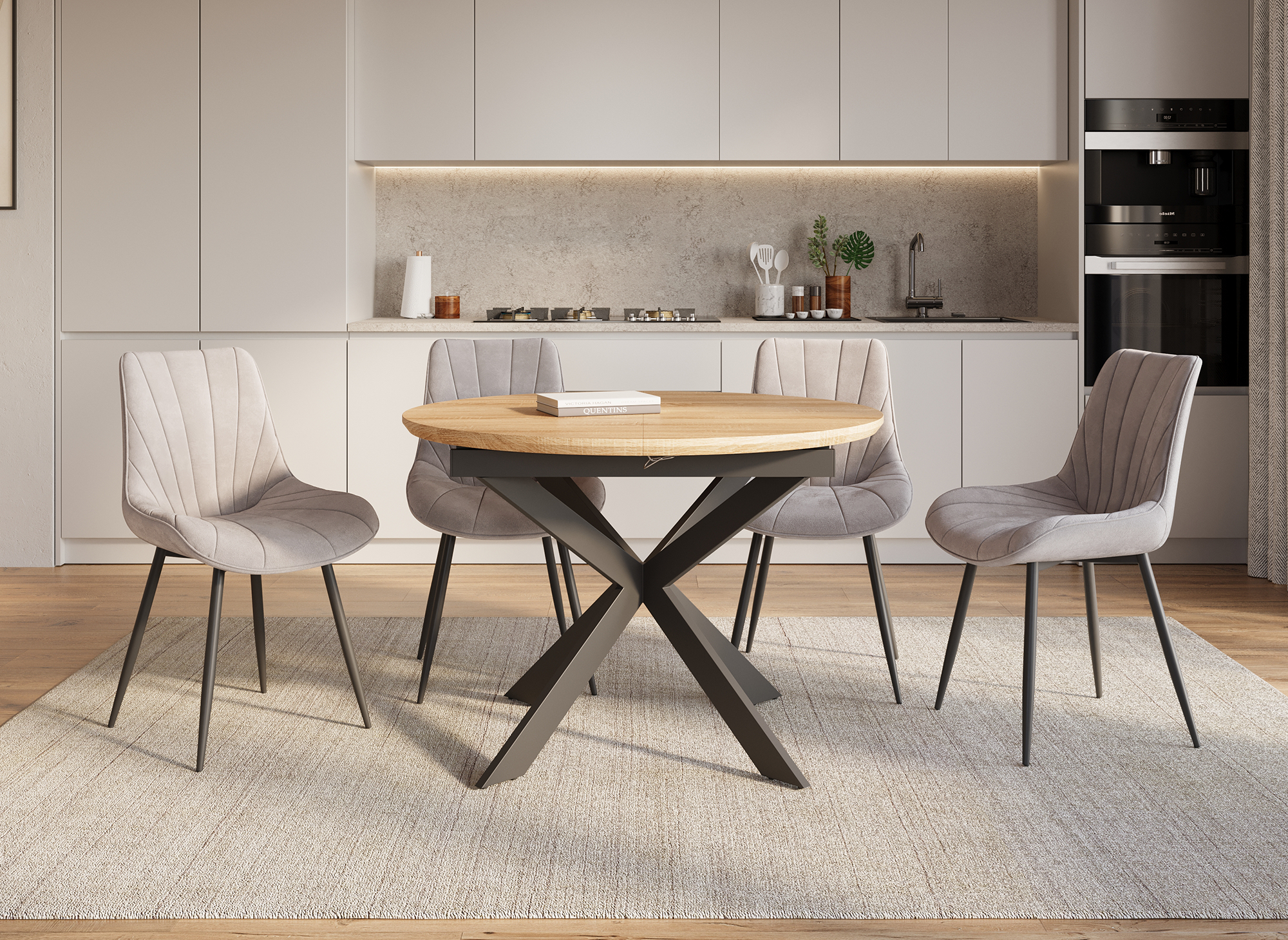 4er-Set beiger Designer-Samtstuhl ELOVA