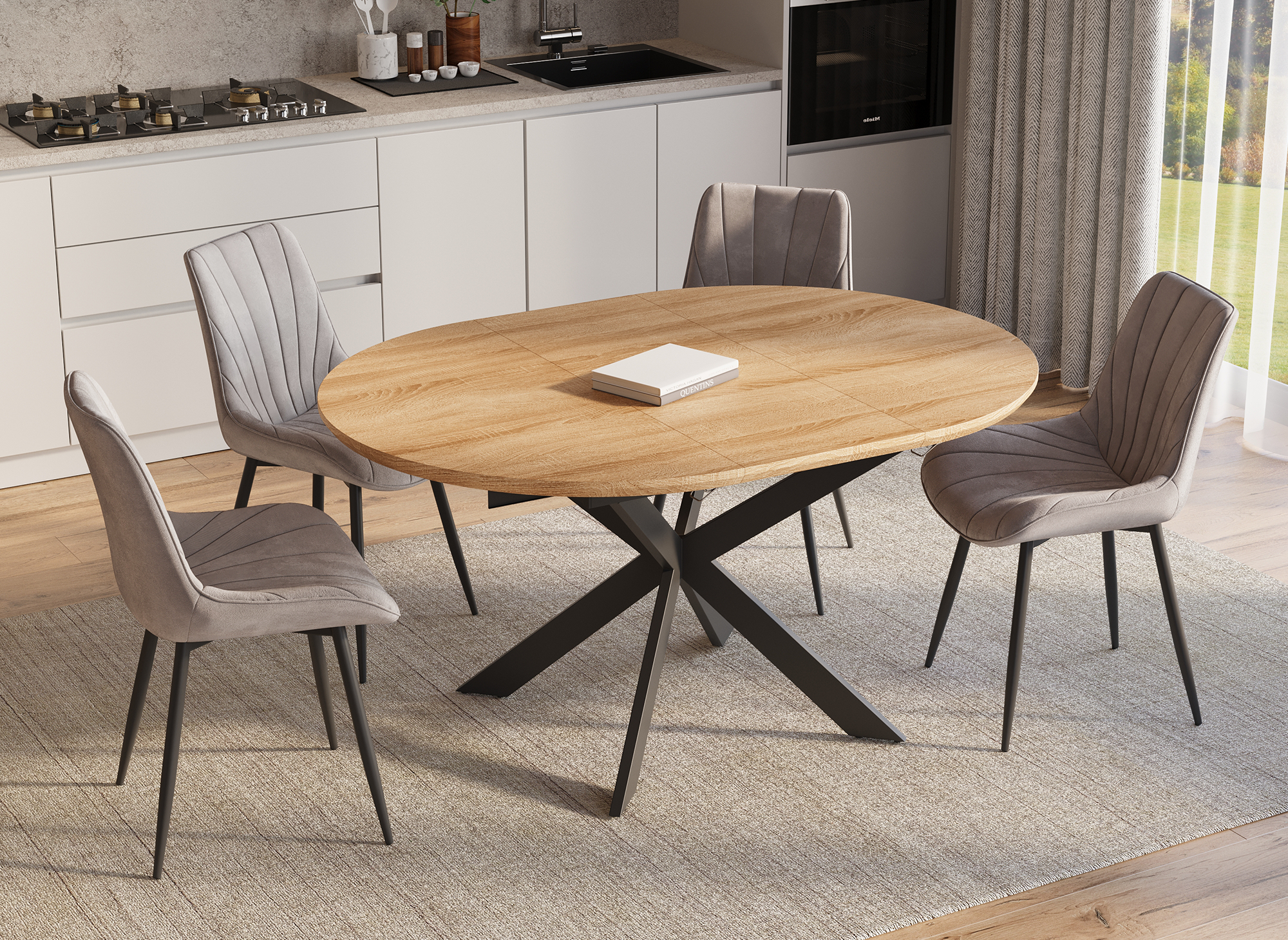 4er-Set beiger Designer-Samtstuhl ELOVA