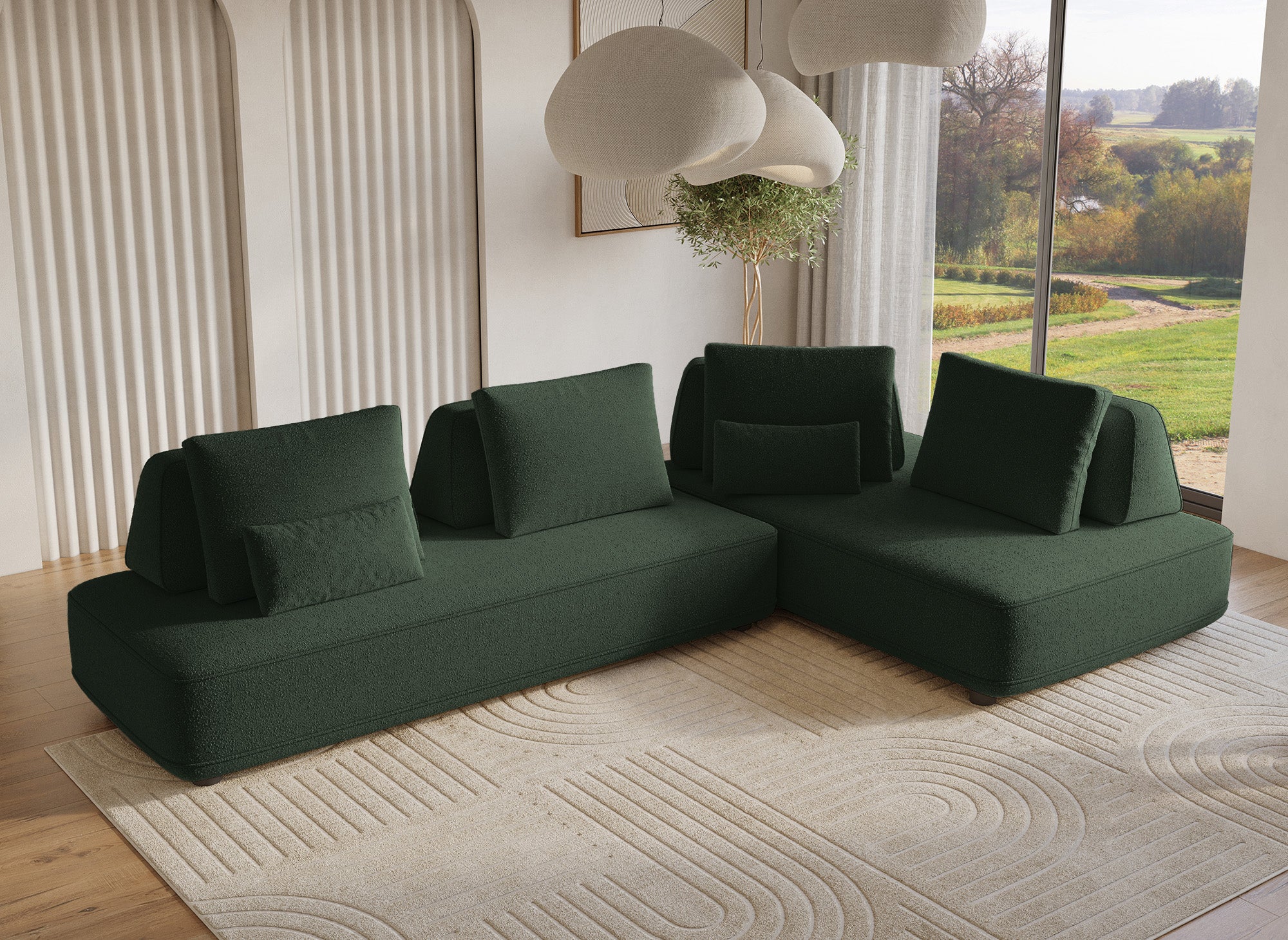 Wende-Ecksofa ISAORA aus khakigrünem Bouclé-Stoff