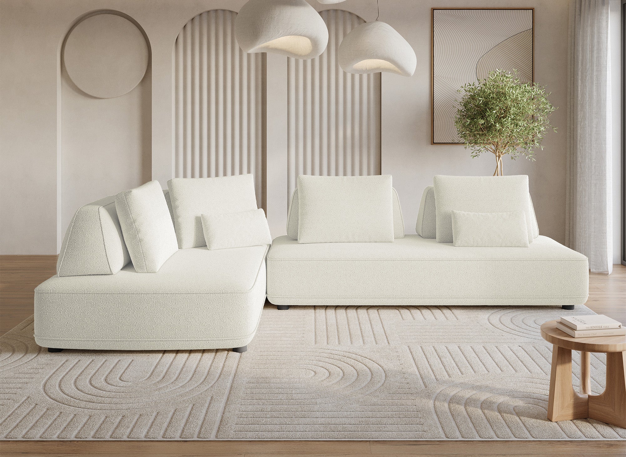 Wende-Ecksofa ISAORA aus beigem Bouclé-Stoff