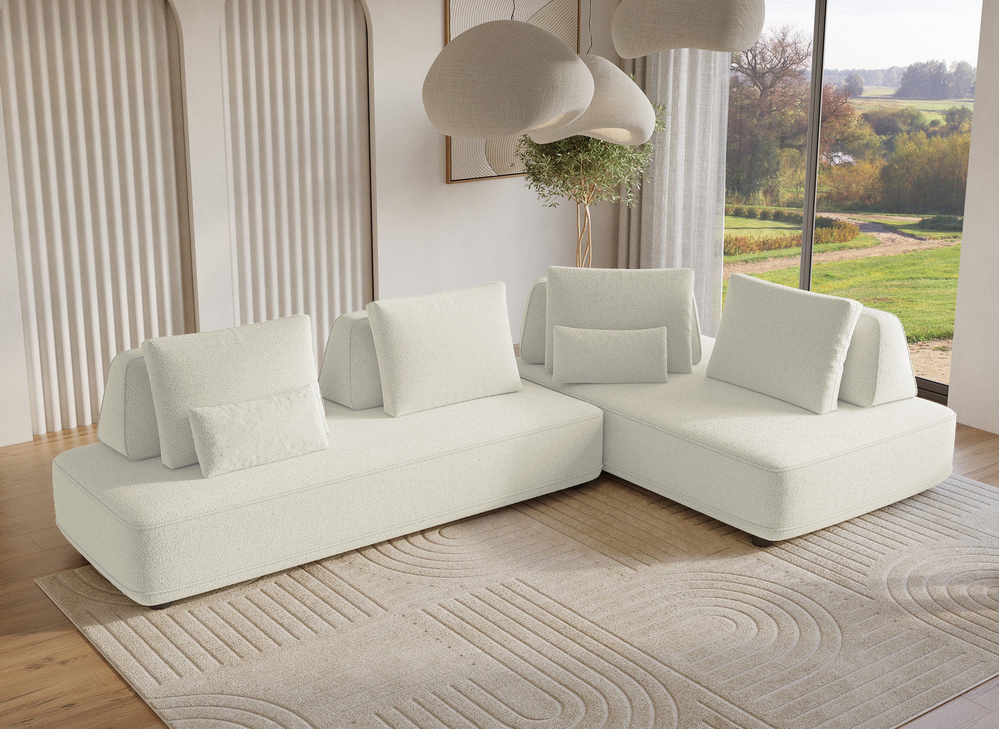 Wende-Ecksofa ISAORA aus beigem Bouclé-Stoff