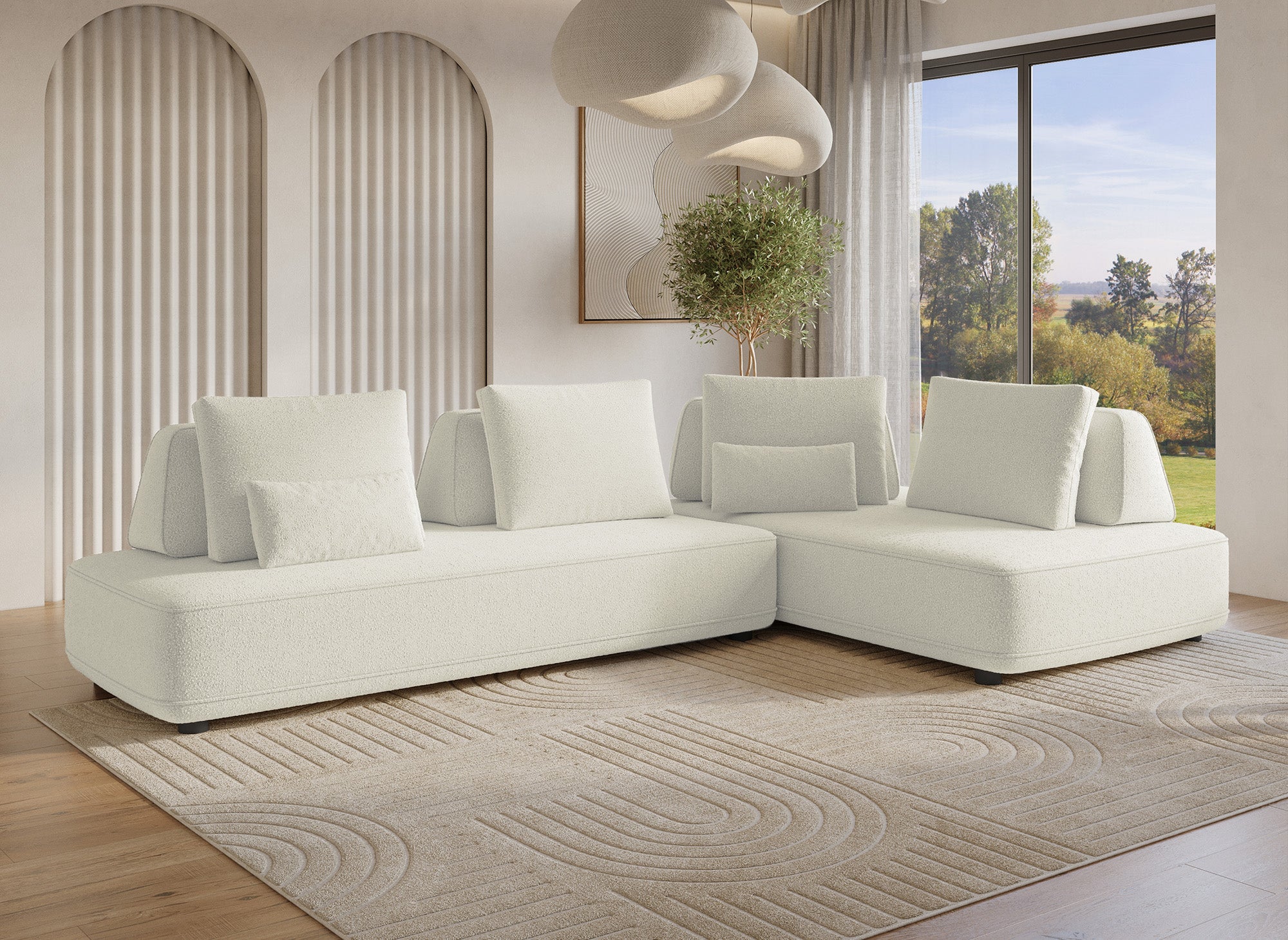 Wende-Ecksofa ISAORA aus beigem Bouclé-Stoff