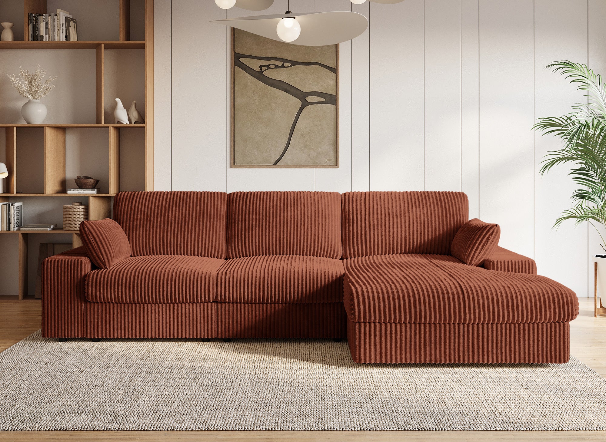 Wendbares Ecksofa SIRINA aus weichem Terrakotta-Rippstoff