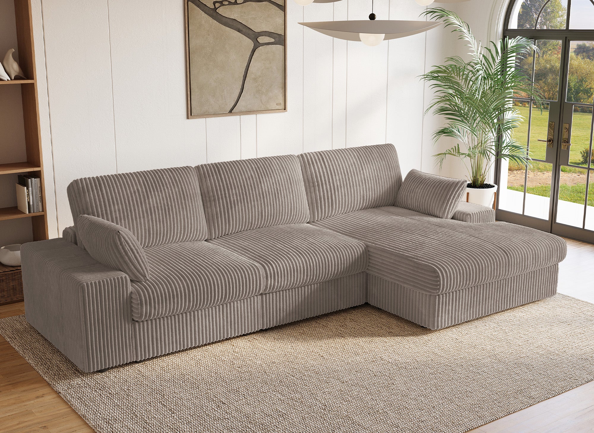 Wendbares Ecksofa SIRINA aus weichem, taupefarbenem Rippenstoff