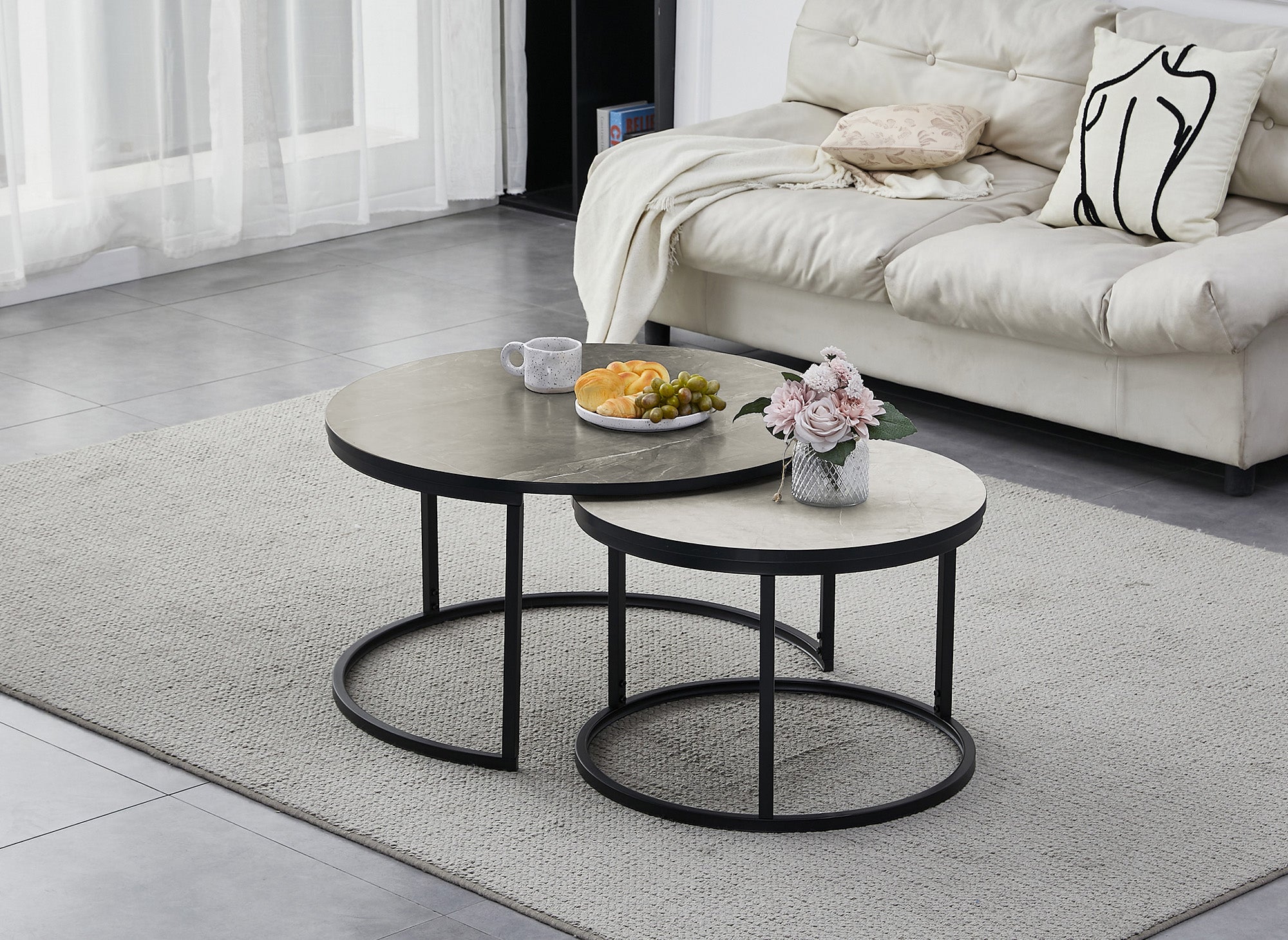 2er-Set runder Couchtische in Marmoroptik DORINE