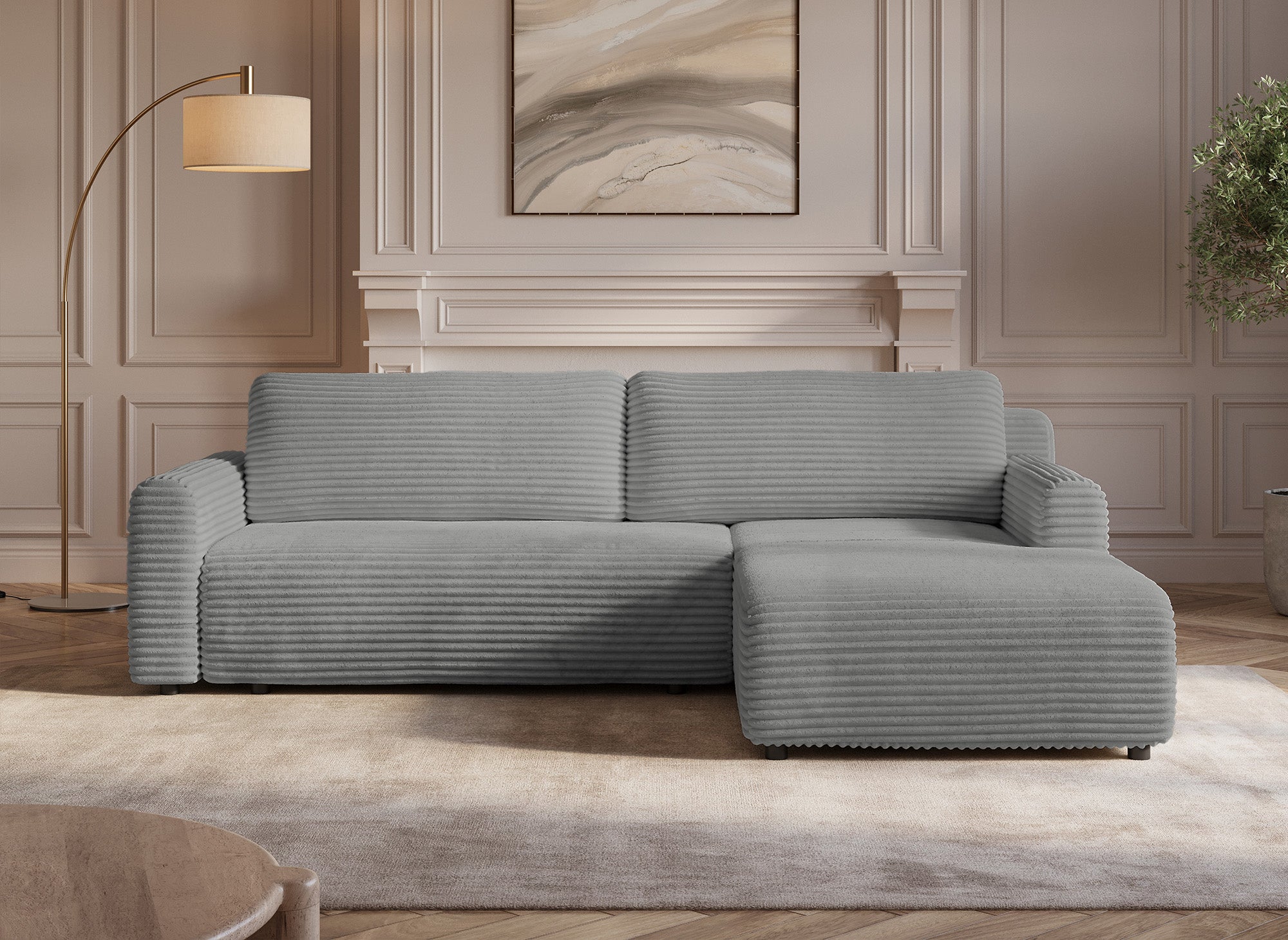KATIA wendbares und umwandelbares Ecksofa mit Stauraum aus dickem hellgrauem Cord