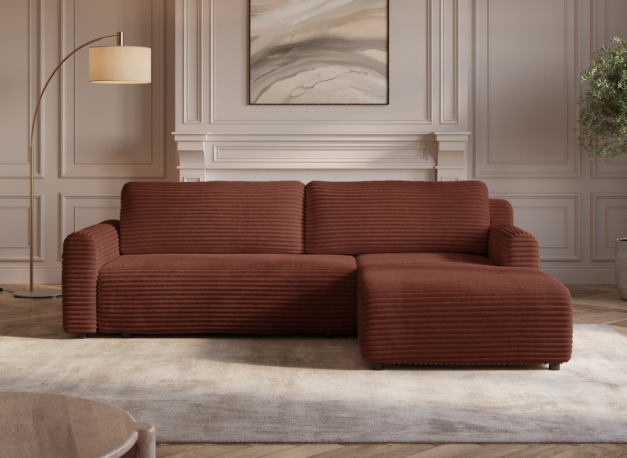 KATIA wendbares und umwandelbares Ecksofa mit Stauraum aus dickem Terrakotta-Cord