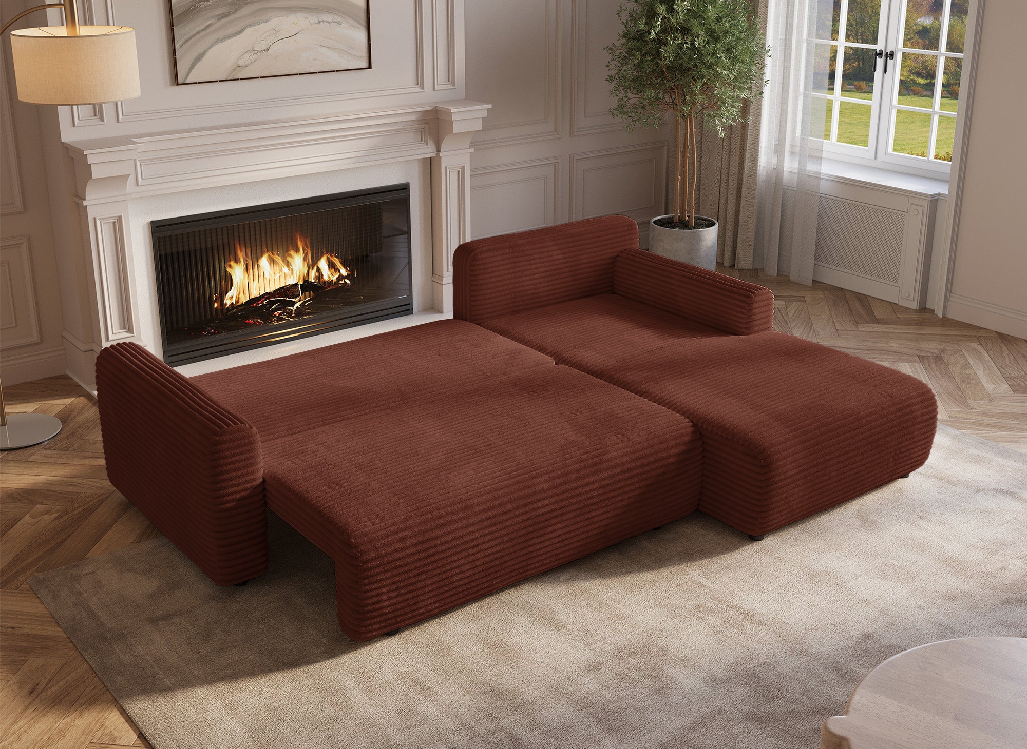 KATIA wendbares und umwandelbares Ecksofa mit Stauraum aus dickem Terrakotta-Cord