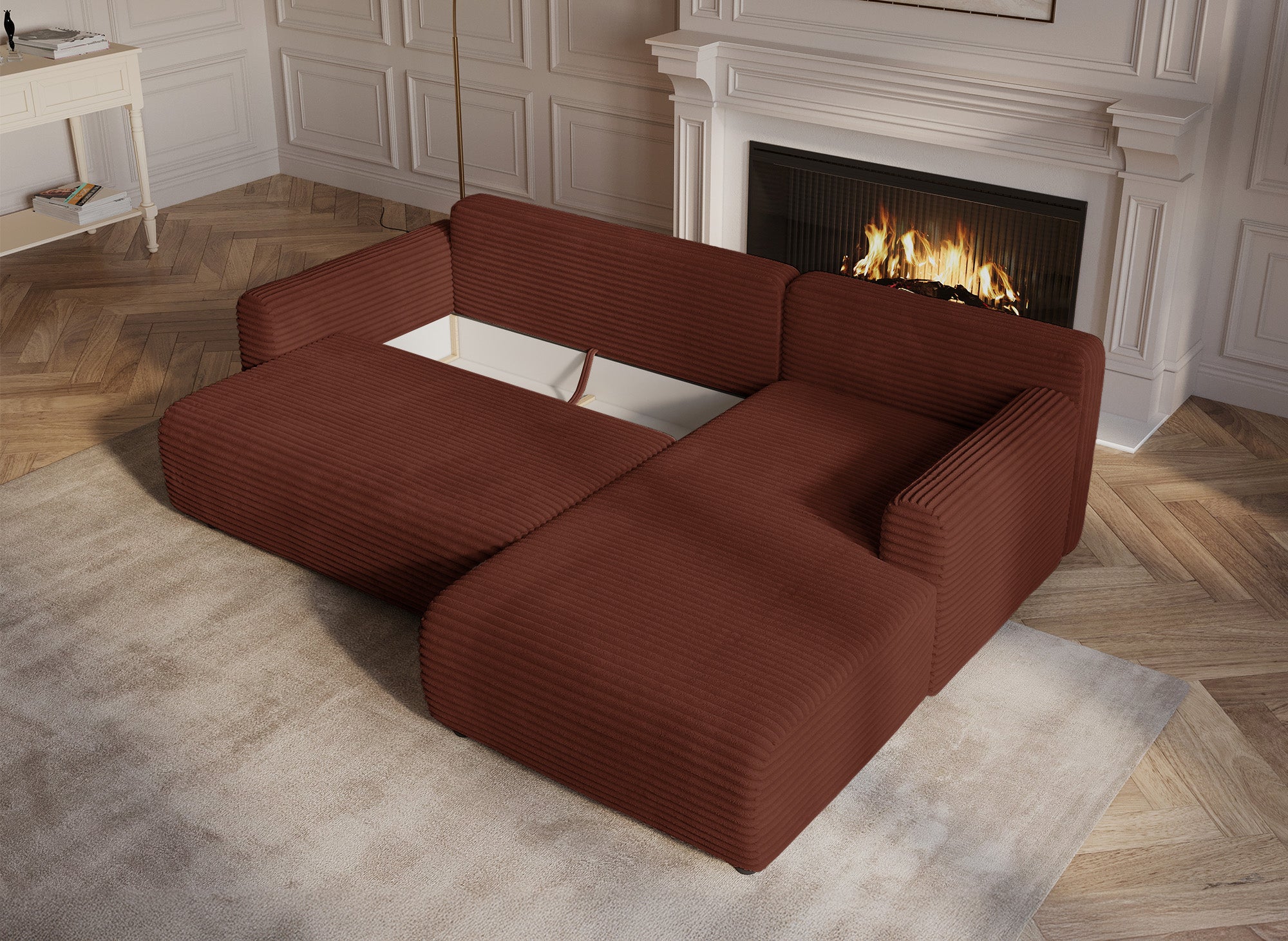 KATIA wendbares und umwandelbares Ecksofa mit Stauraum aus dickem Terrakotta-Cord