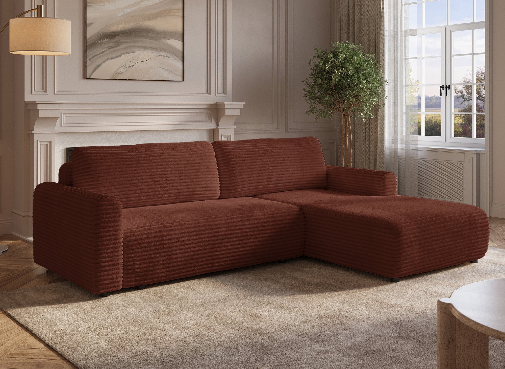 KATIA wendbares und umwandelbares Ecksofa mit Stauraum aus dickem Terrakotta-Cord