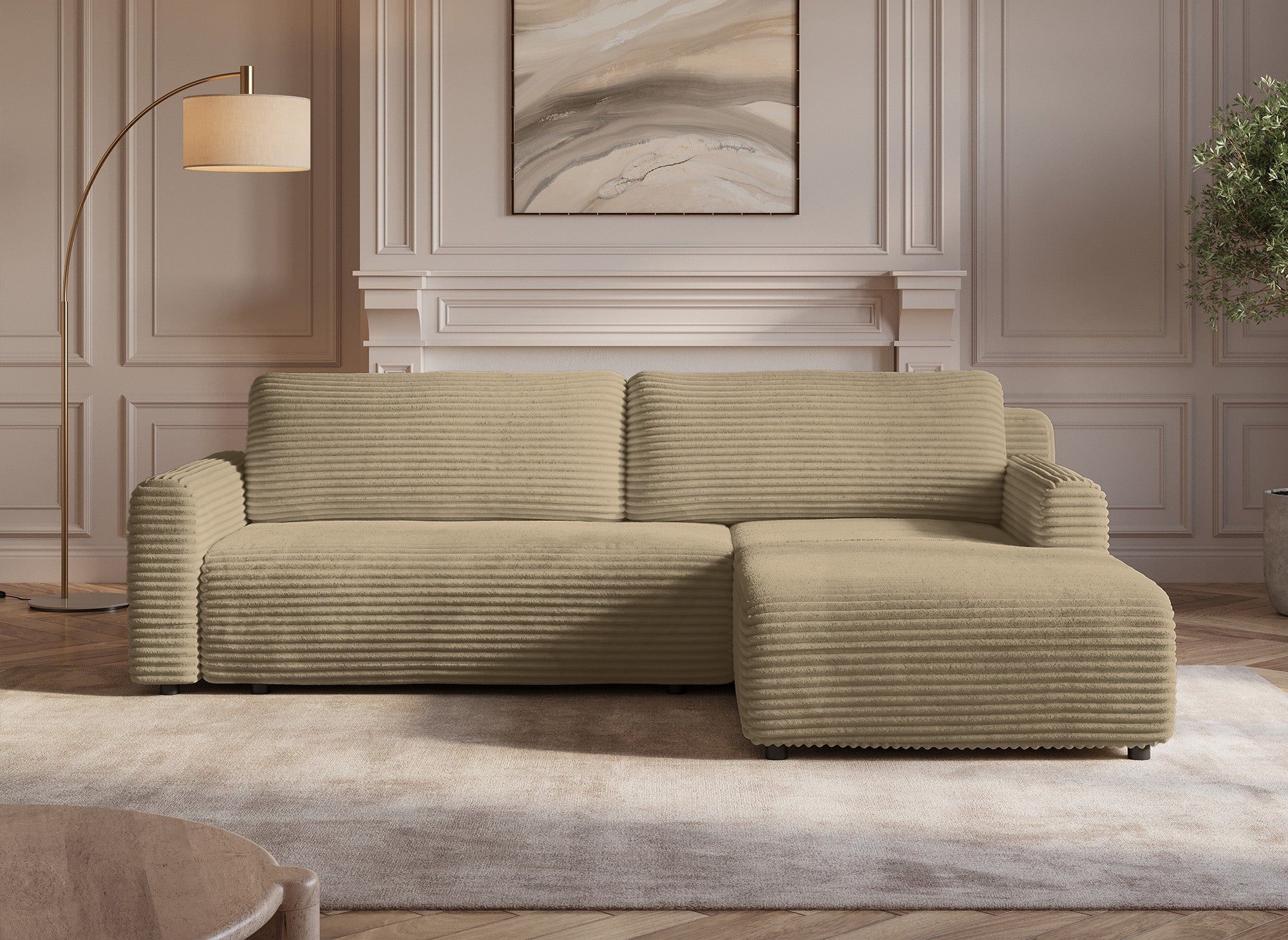 KATIA wendbares und umbaubares Ecksofa mit Stauraum aus dickem Taupe-Cord