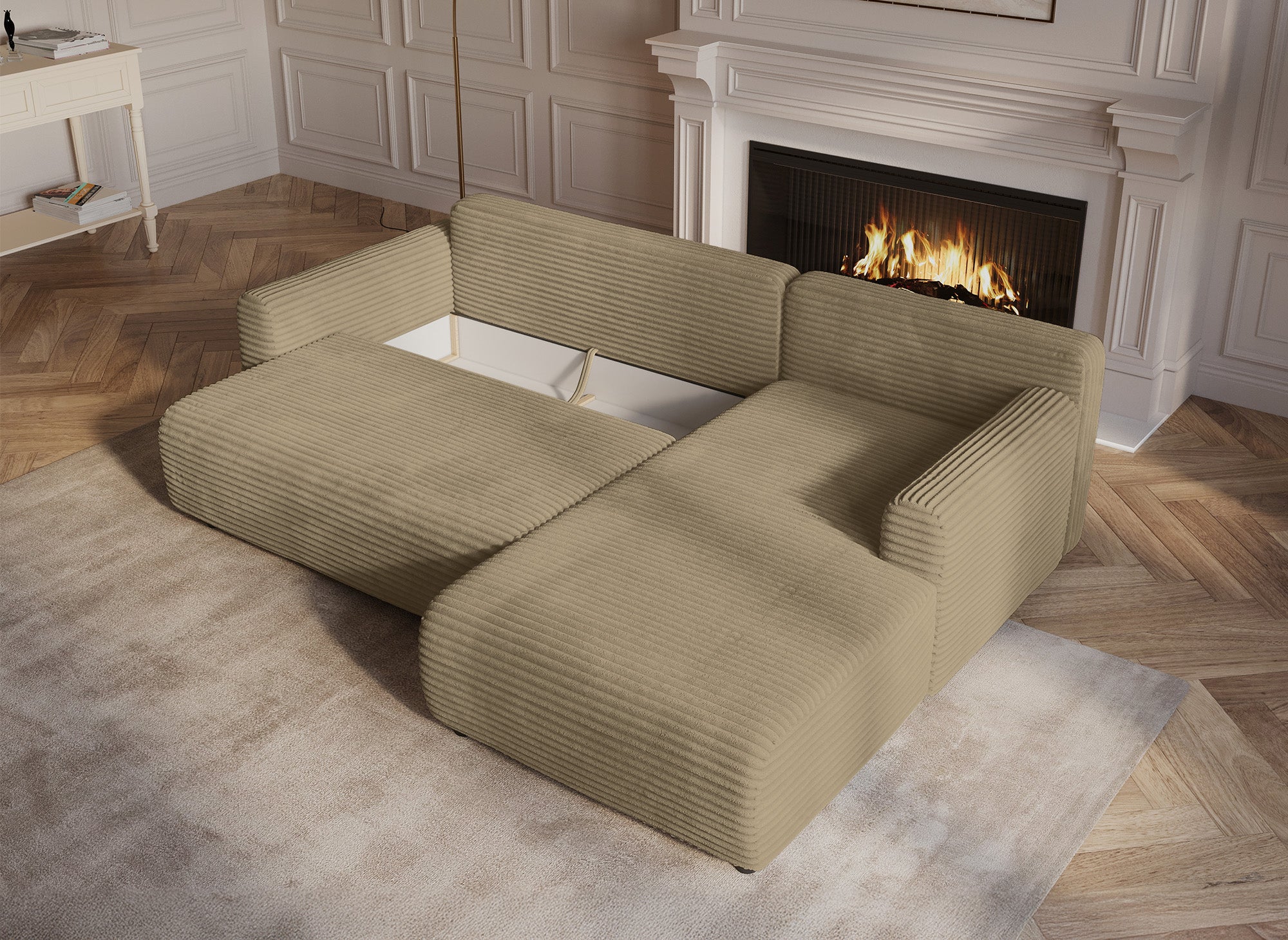 KATIA wendbares und umbaubares Ecksofa mit Stauraum aus dickem Taupe-Cord