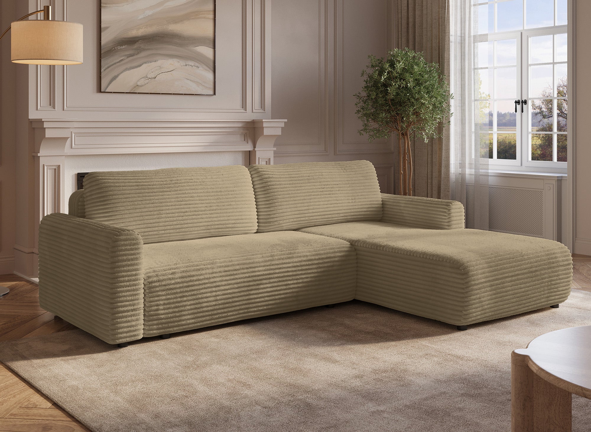 KATIA wendbares und umbaubares Ecksofa mit Stauraum aus dickem Taupe-Cord